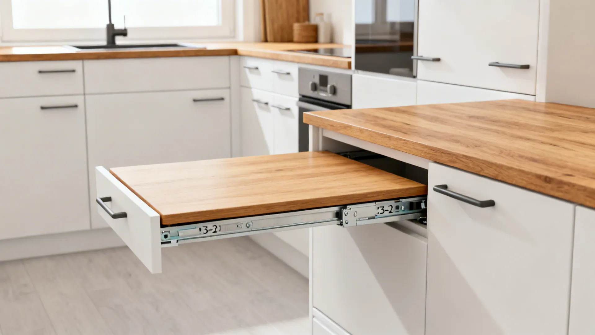 Small kitchen with a slide-out table extended from cabinetry using heavy-duty slides.