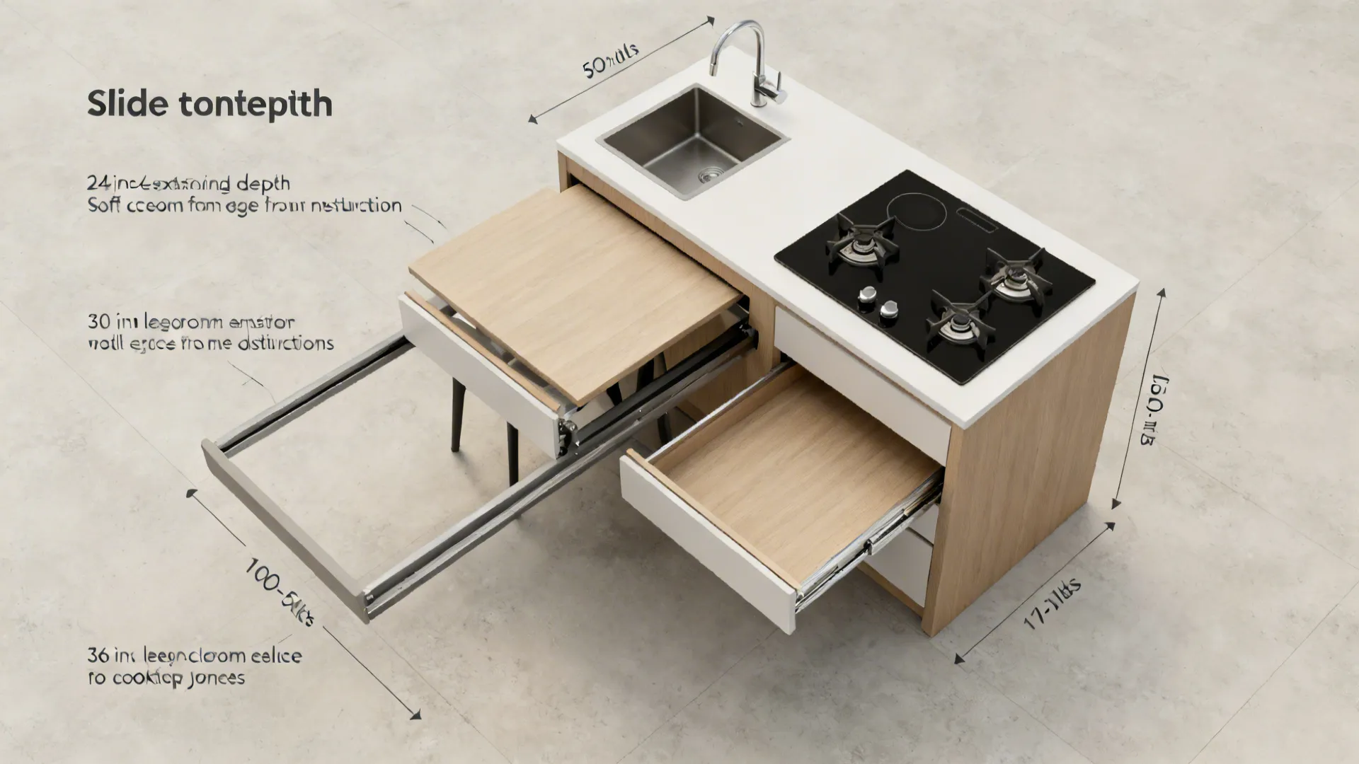 Top-down layout of slide-out dining table extension with clearances and hardware zones.