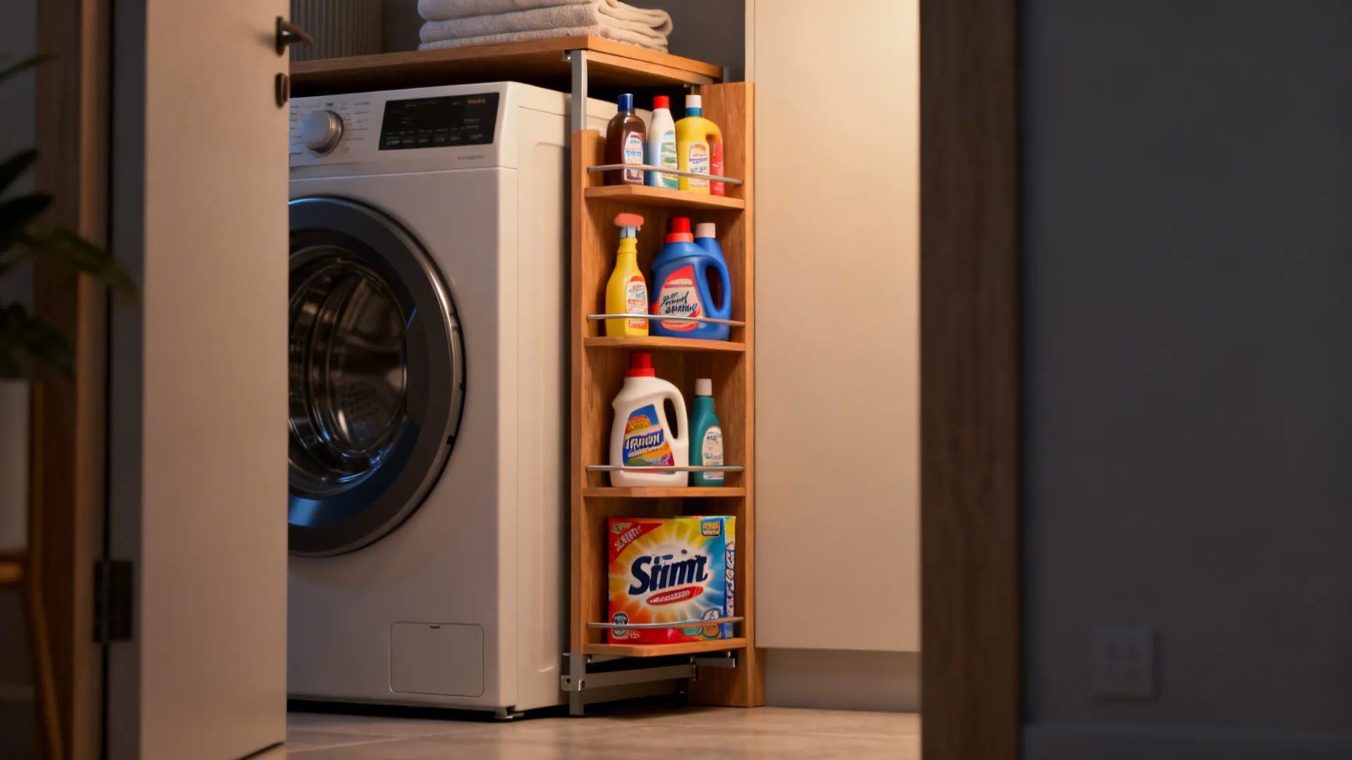 Narrow slide-out laundry tower pulled out beside a washer with detergents neatly stored.