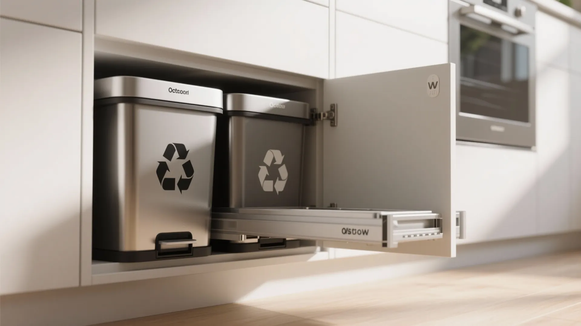 Under sink kitchen cabinet with slide out metal rack holding two stainless steel recycling bins