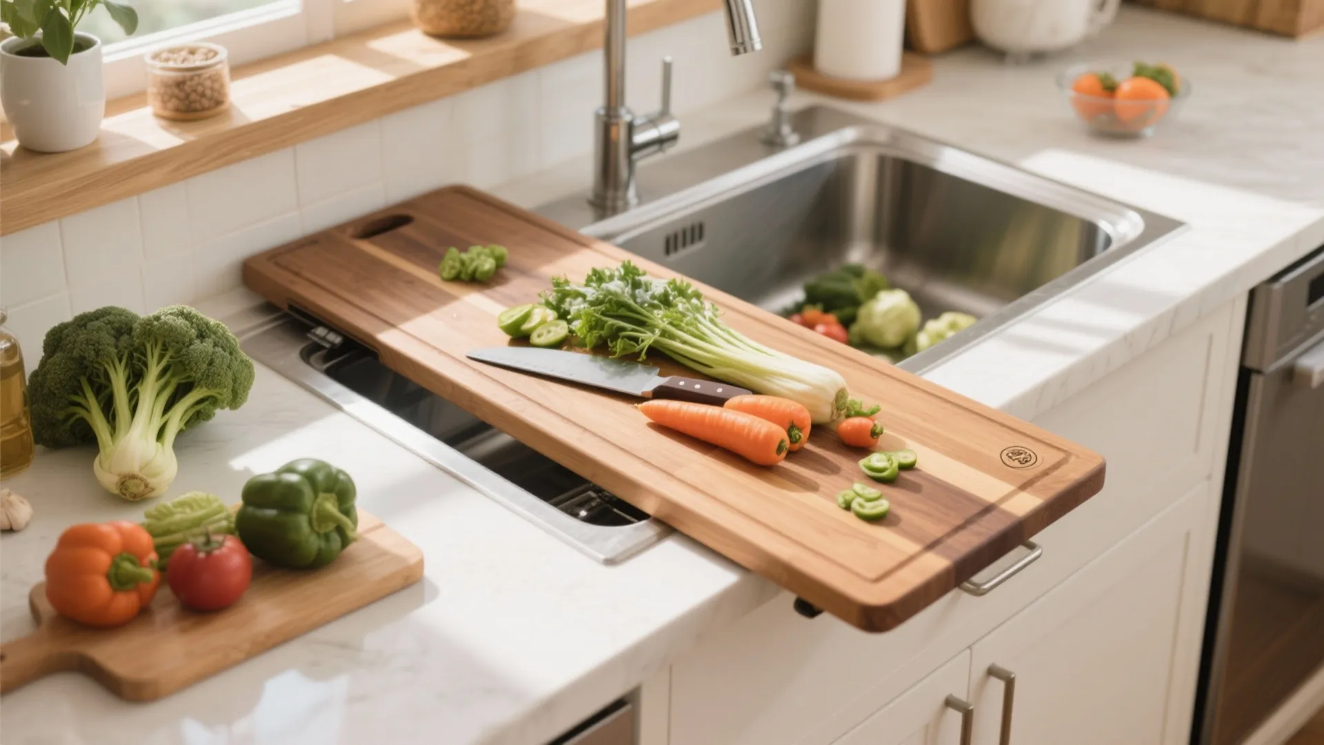 Wooden cutting board sliding over kitchen sink with vegetables knife and bright natural window light