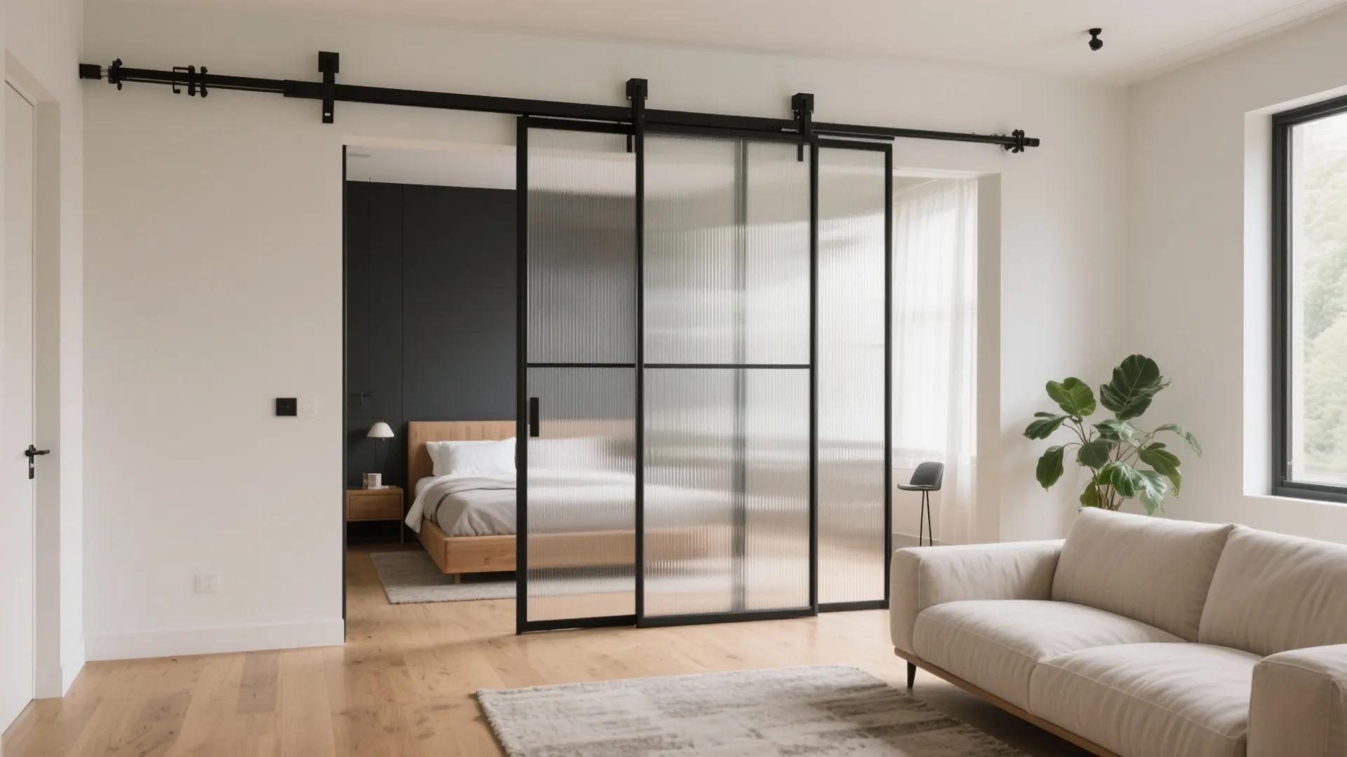 Sliding glass doors with black tracks dividing a bright living room from a cozy bedroom