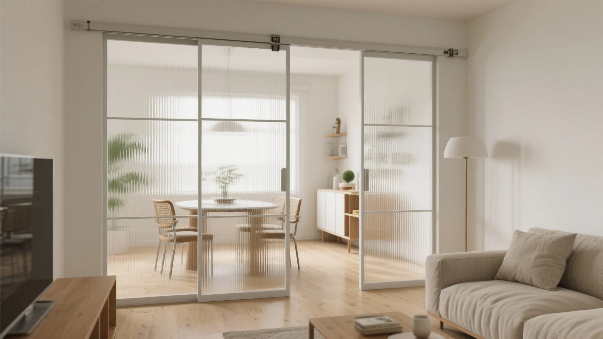 Sliding partitions for a flexible living–dining
