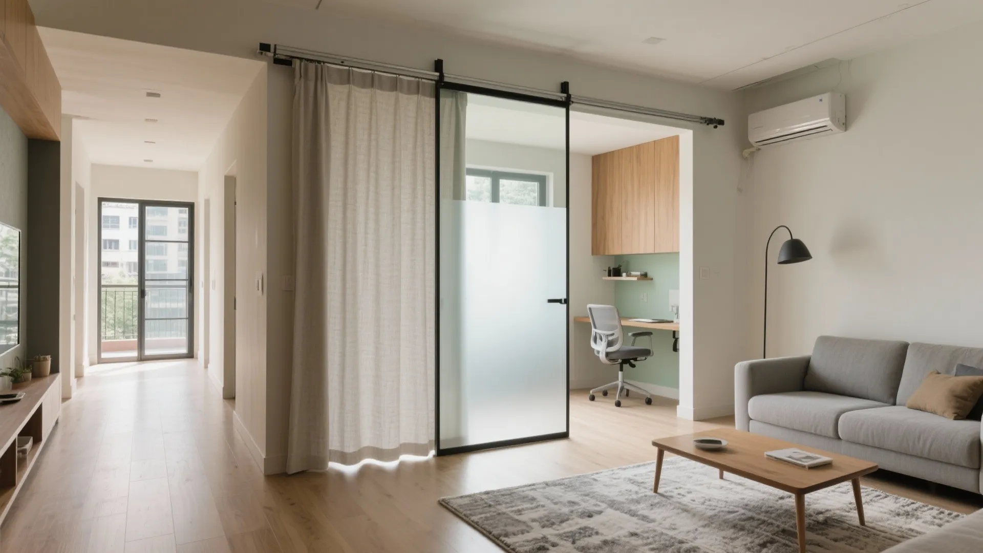 Sliding partitions for a flexible living–study–guest zone
