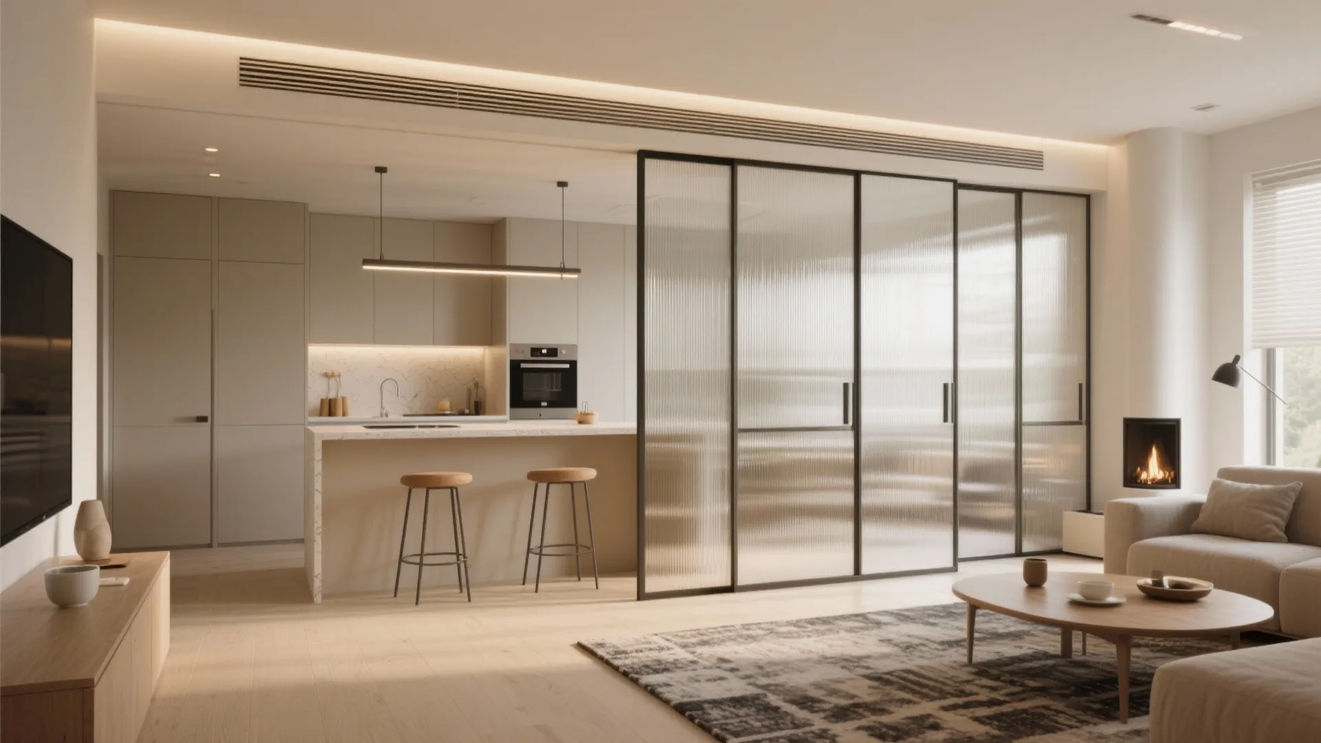Open-plan living with sliding partitions