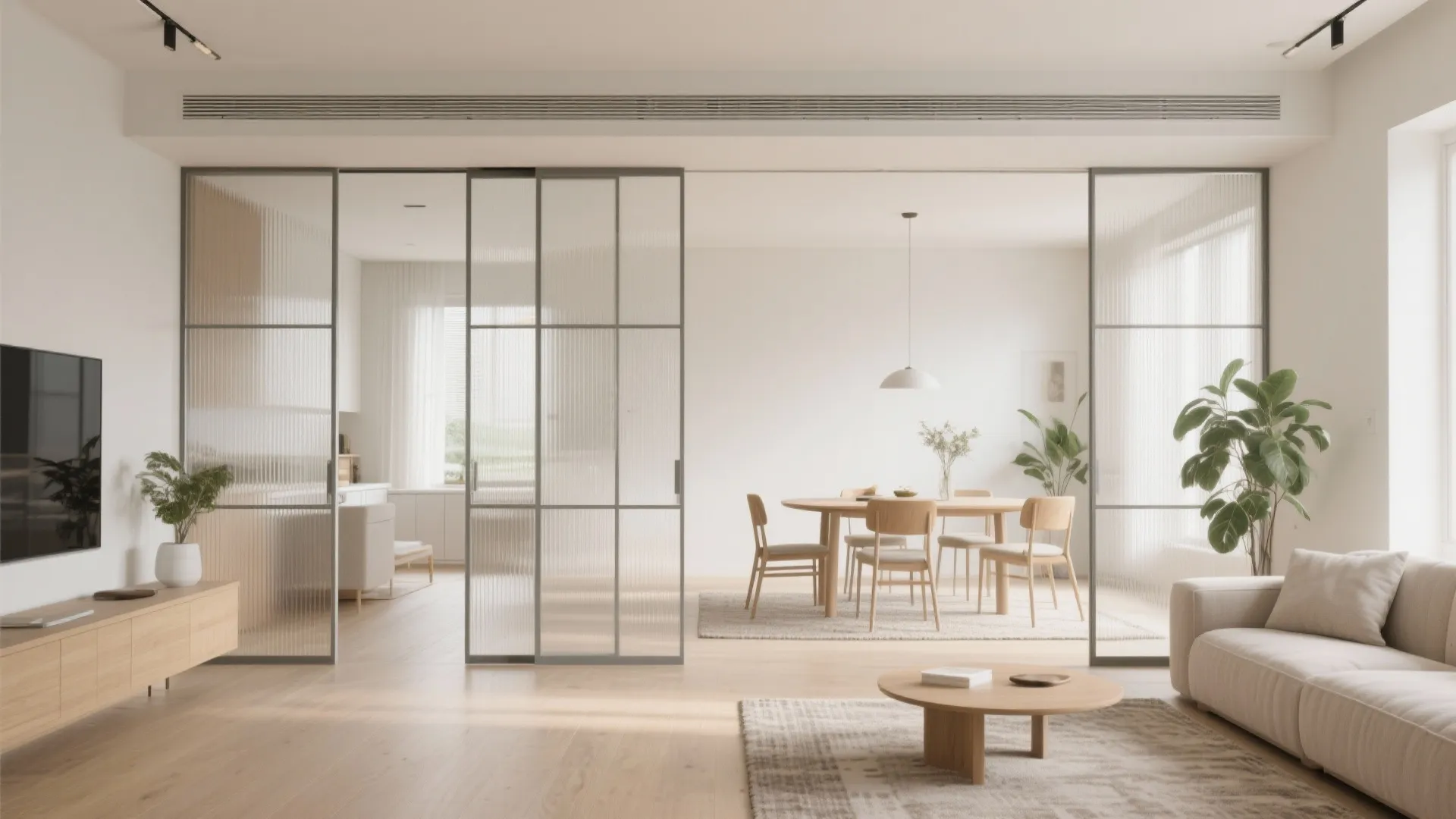 Sliding partitions for an open-yet-private living-dining