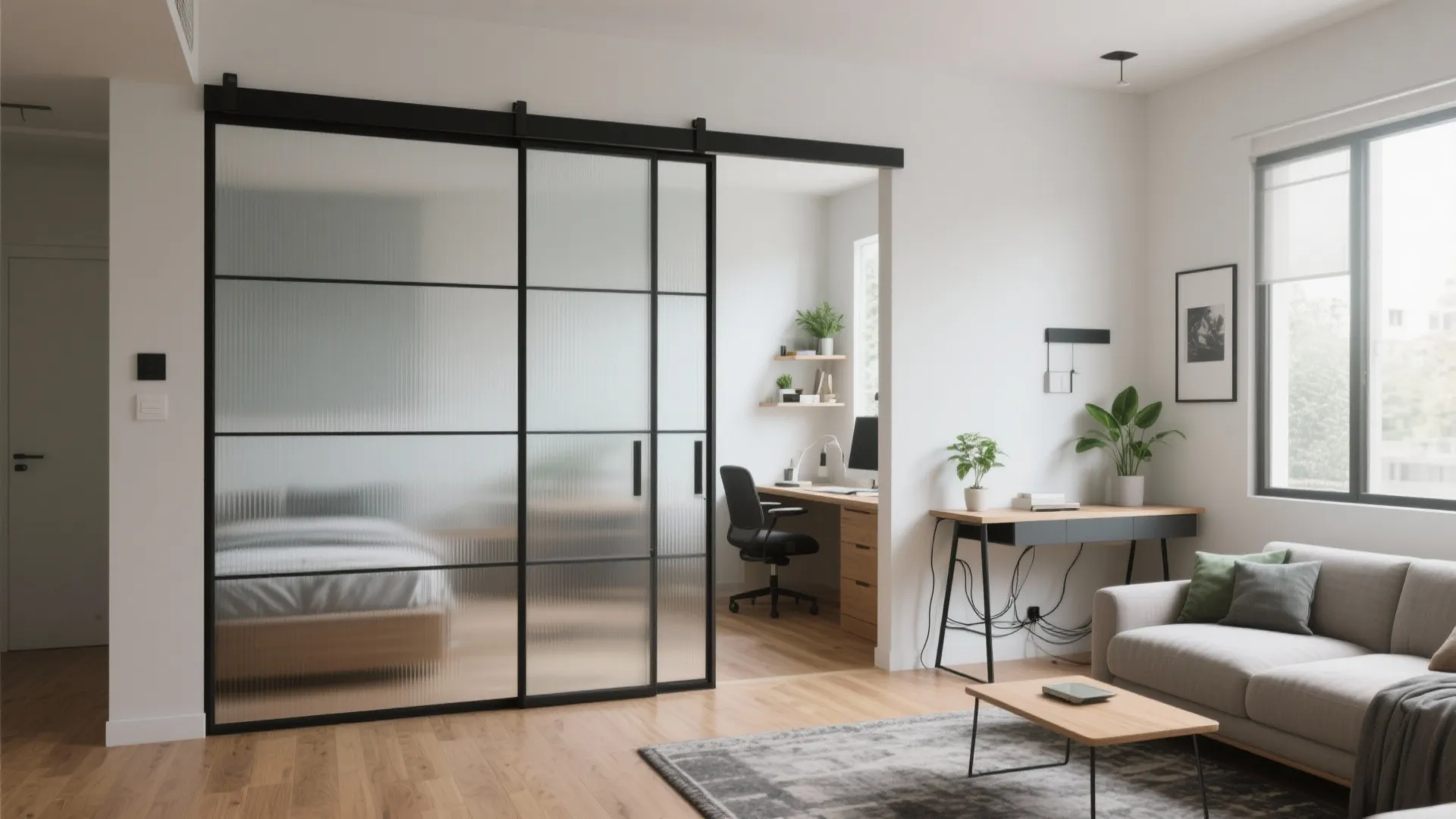 Sliding partitions to flex a study/guest room