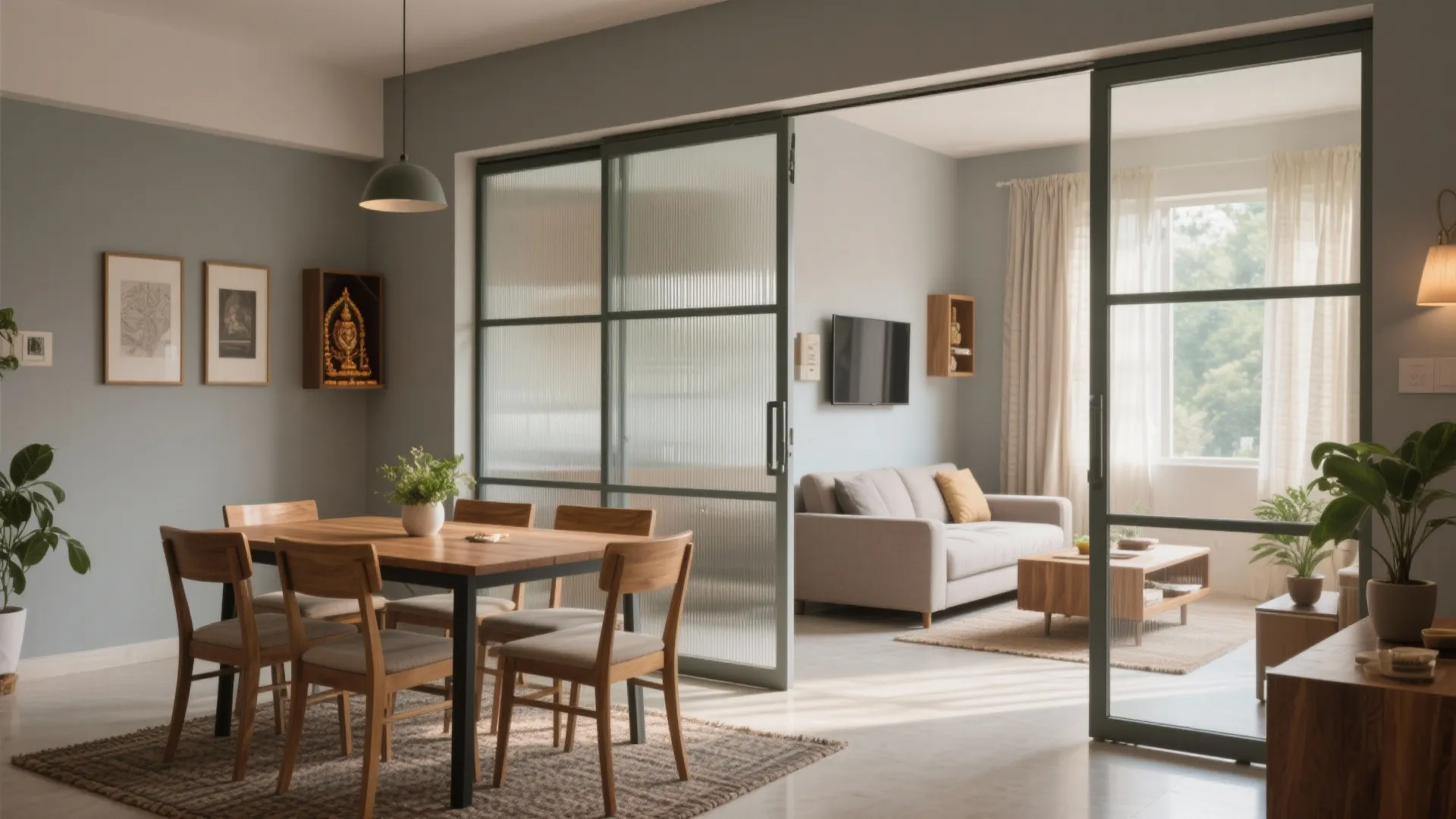 1) Flexible Living–Dining with Sliding Partitions