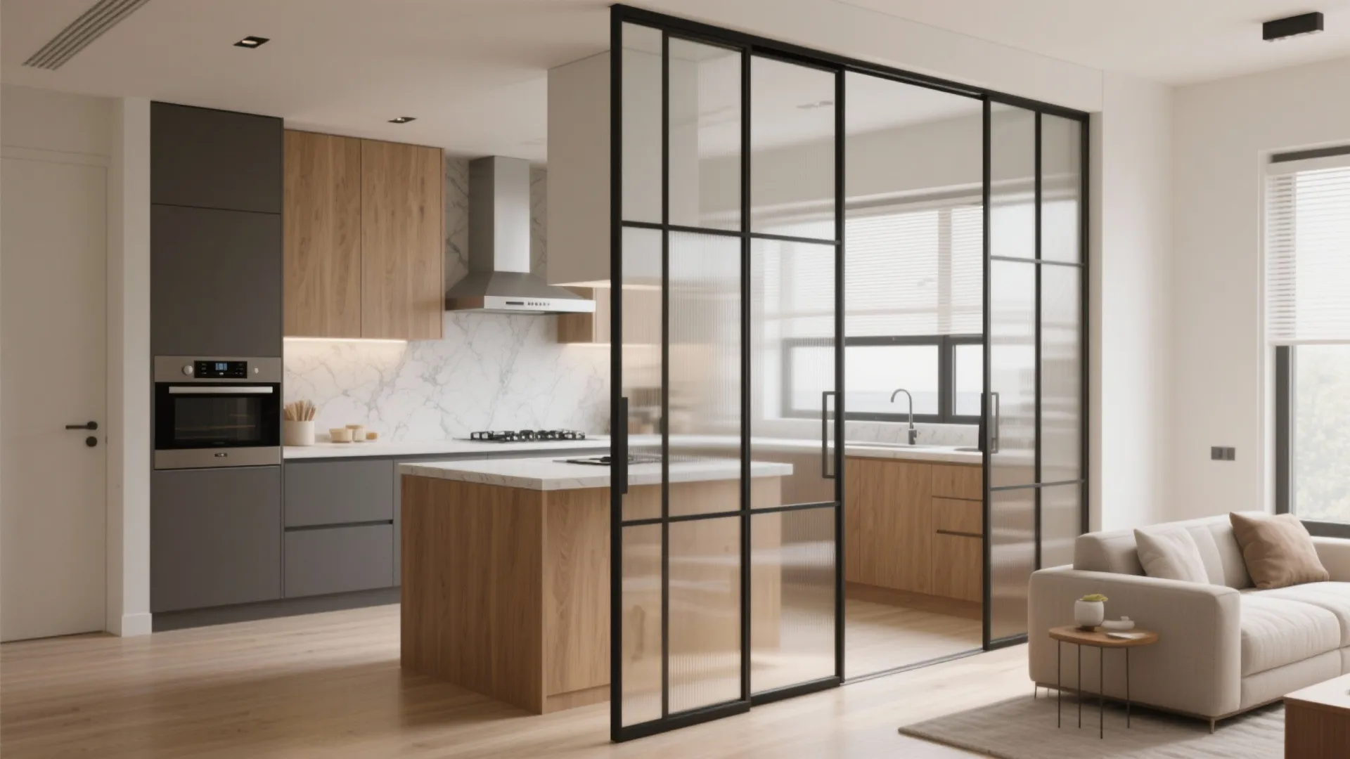 L-shaped or parallel kitchen with a sliding glass partition
