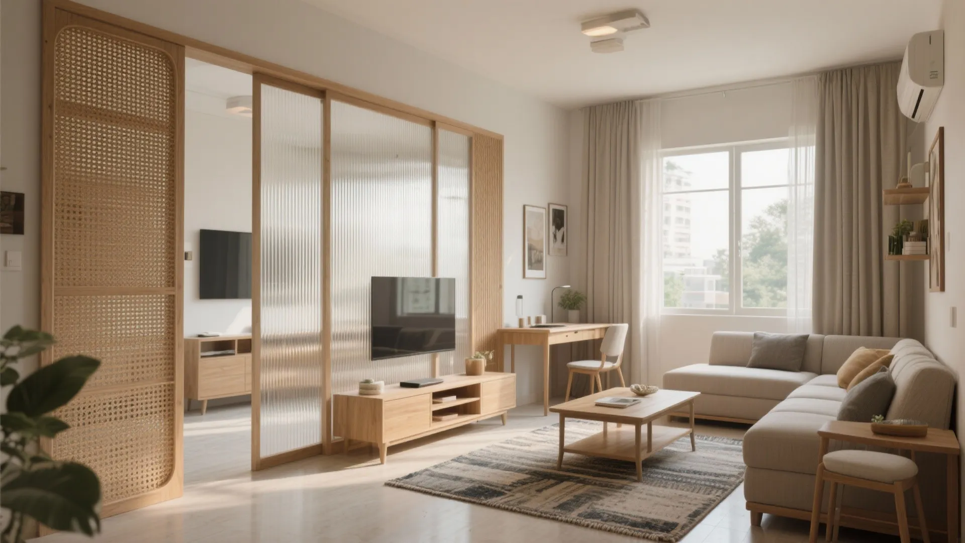 Flexible living–dining with sliding partitions