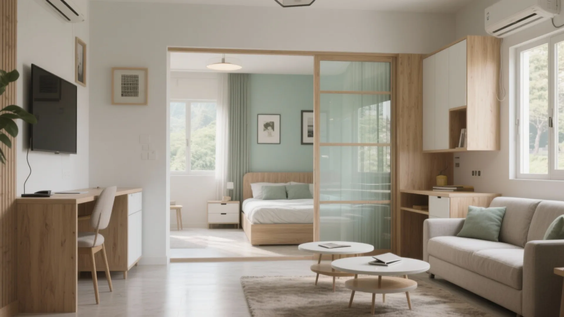 Living room featuring sofa and coffee table with sliding glass door partition leading to bedroom