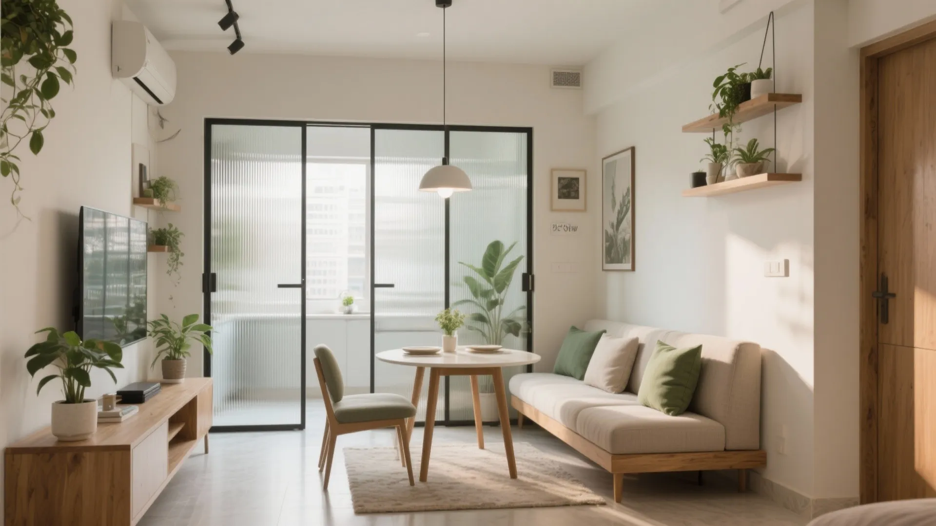 Sliding partitions with convertible furniture