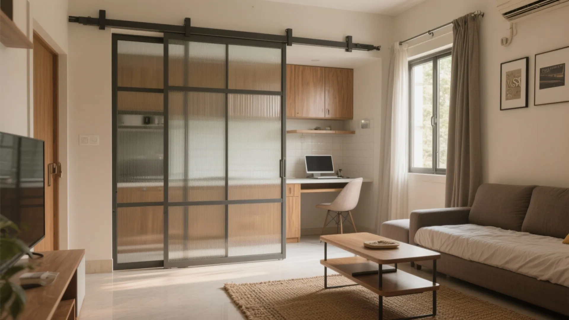 3) Sliding partitions + multi-functional furniture