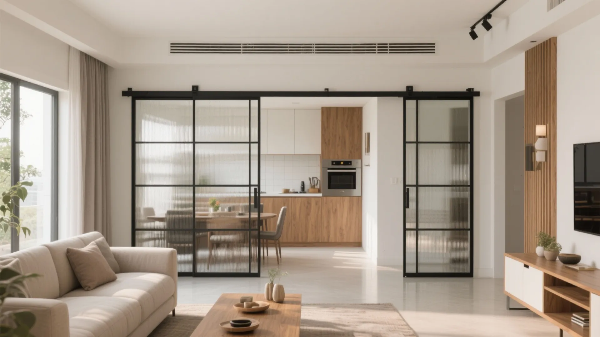 Sliding partitions to switch between open and intimate