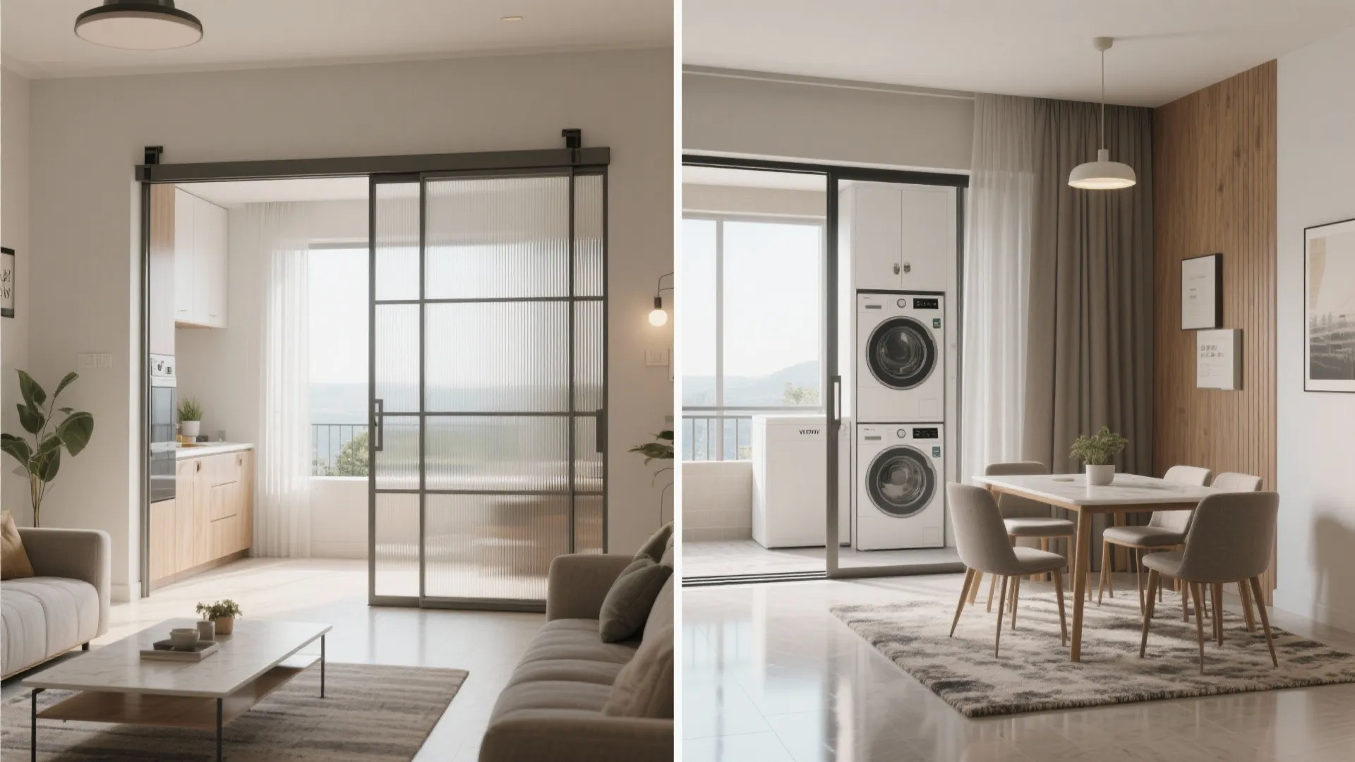 Flexible living–dining with sliding partitions and balcony utility