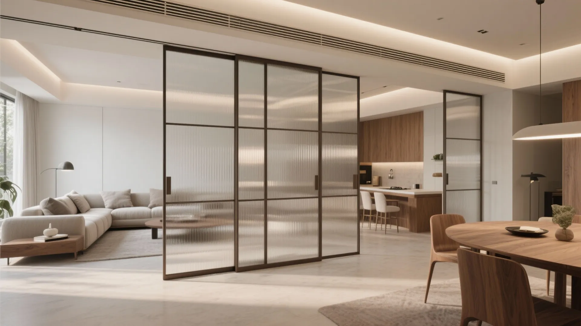 Sliding partitions to flex living–dining space