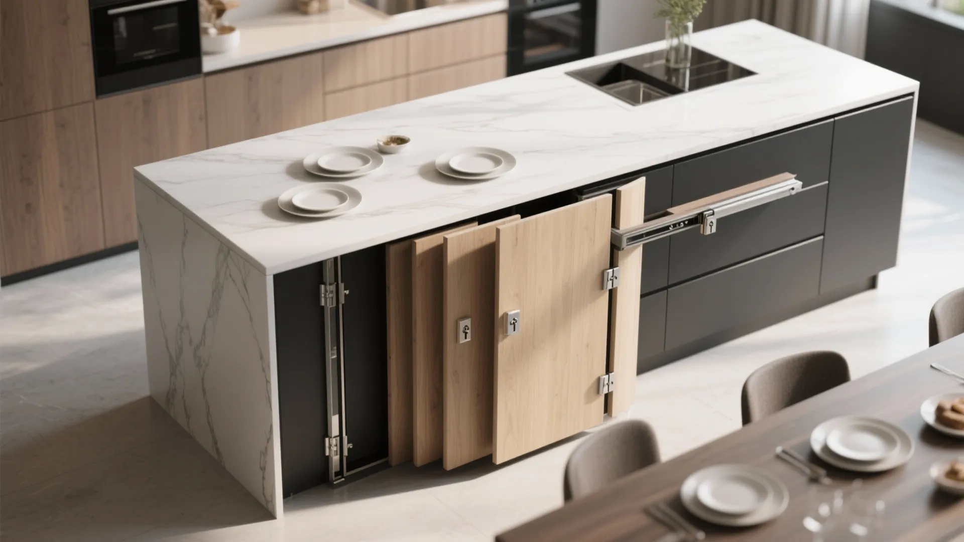 Top-down view of a slide-and-stack island table with panels extended, showing track details and stacked panels.