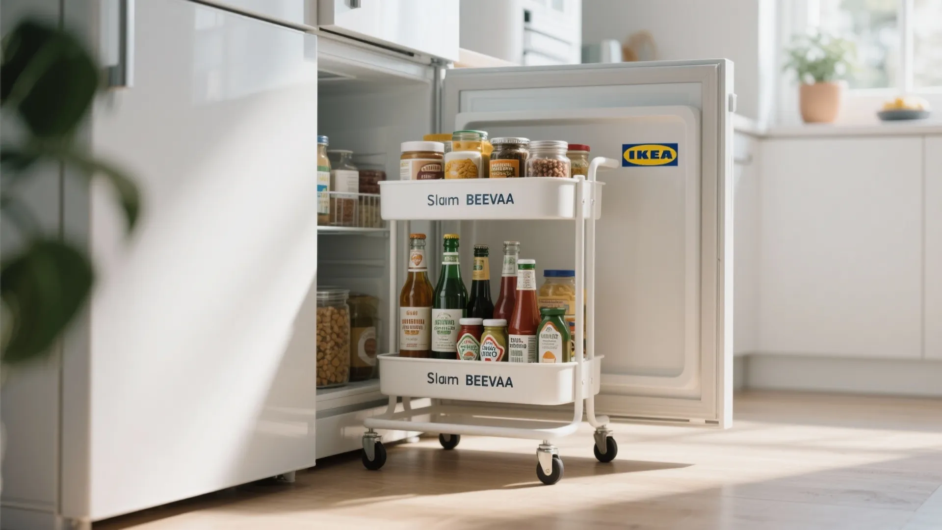 White rolling storage cart with kitchen supplies positioned next to an open white refrigerator door