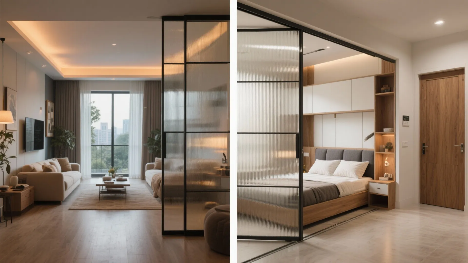 Modern living room and bedroom area separated by a sleek black frame glass sliding door