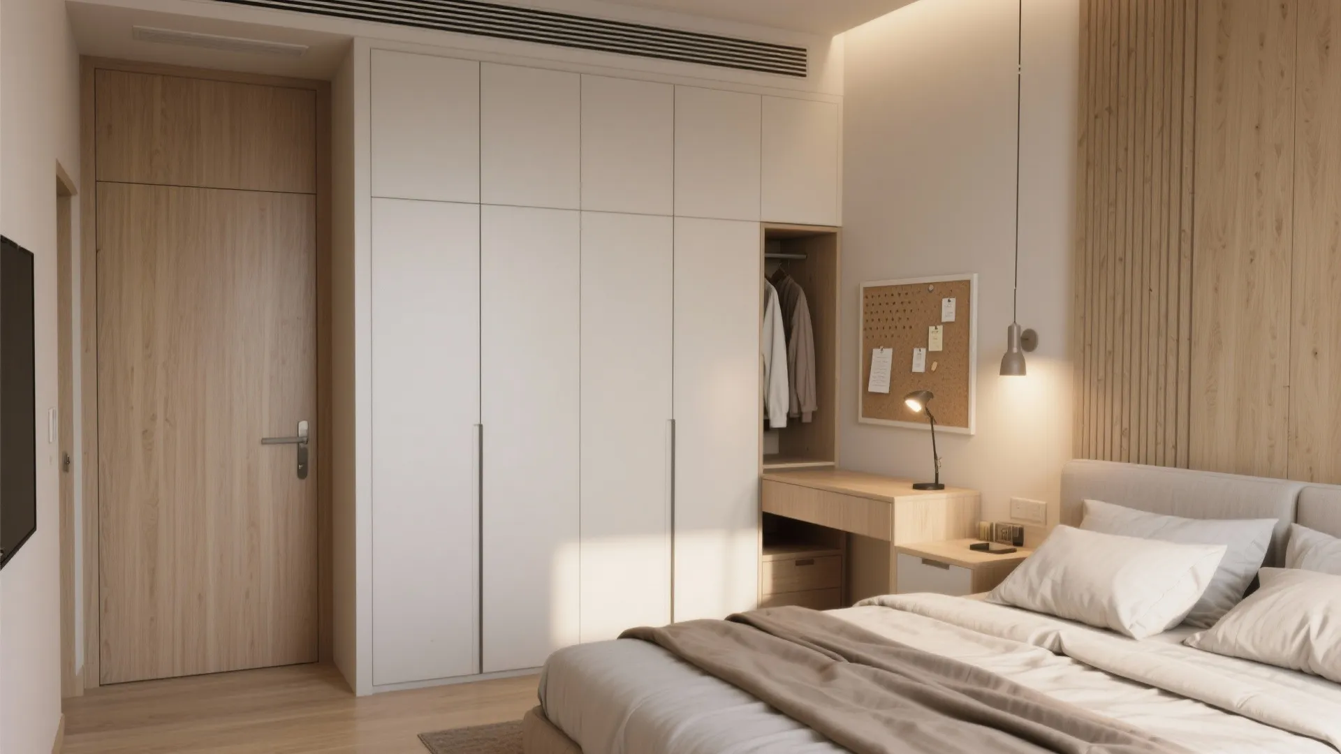 Modern bedroom with white tall cabinet wooden door desk wall light and comfortable white bed