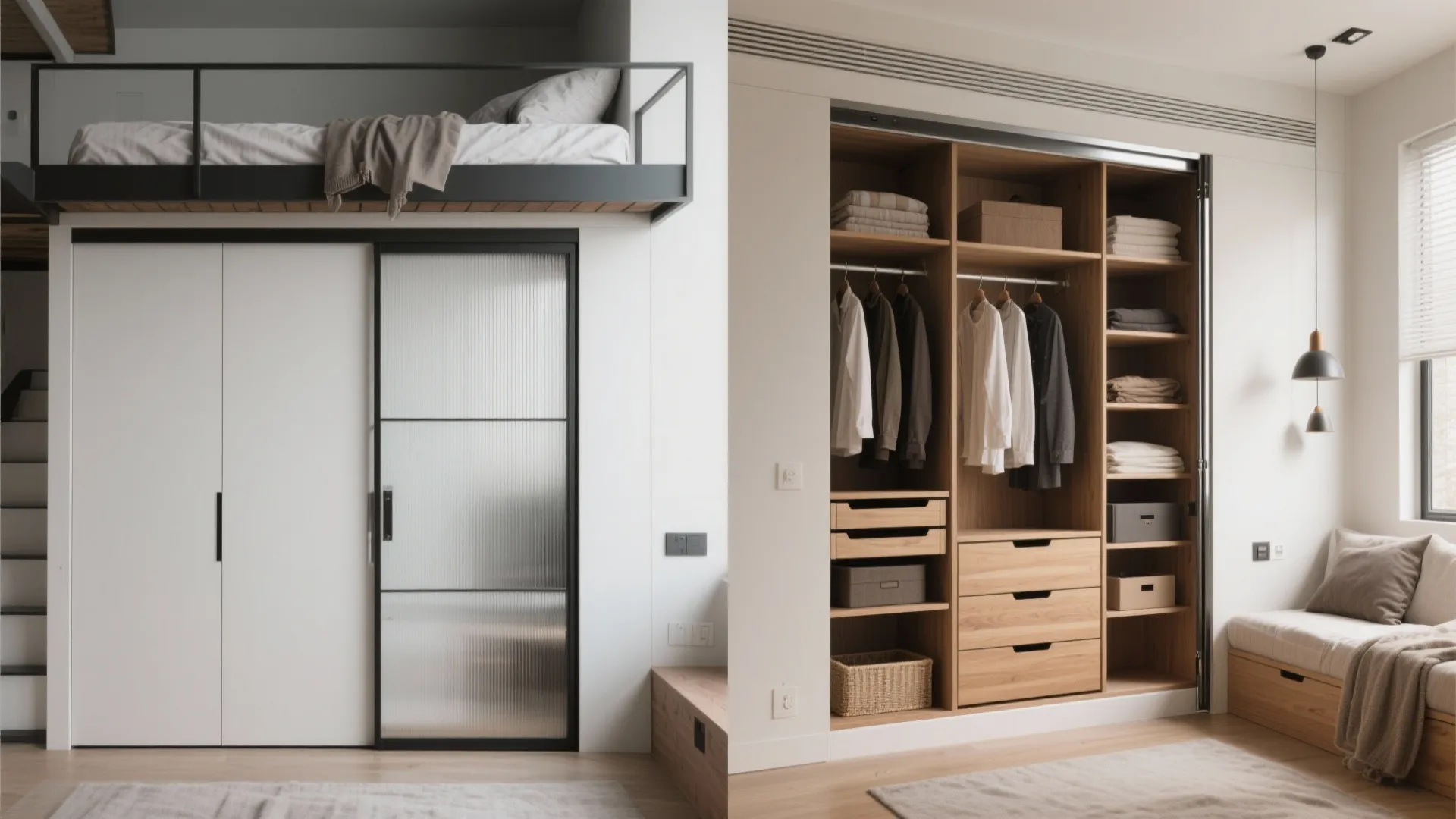 Sliding glass door cabinet and open wooden closet storage located underneath a white loft bed
