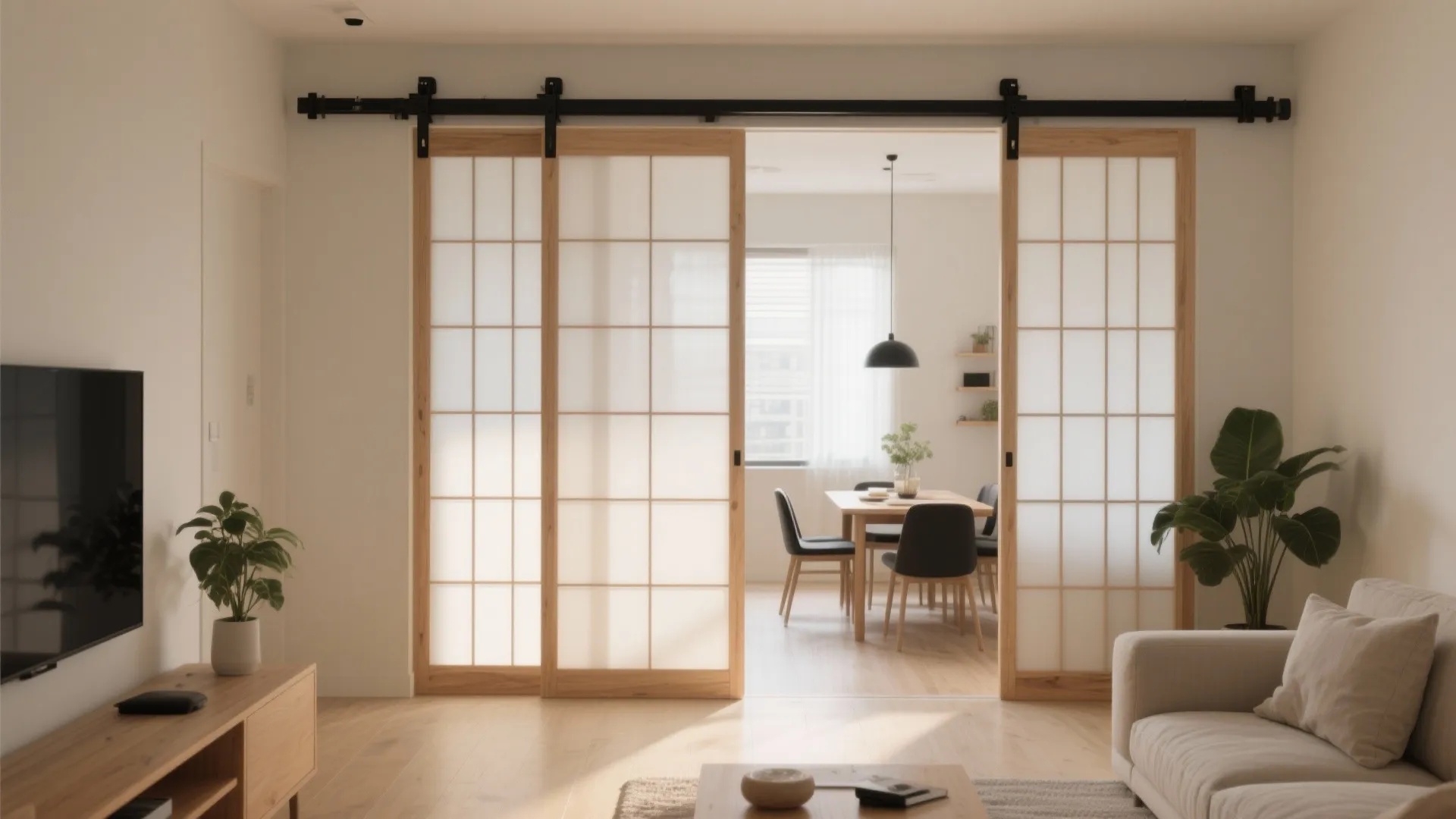 Compact living room with top-hung sliding shoji panels partially open, revealing flexible dining zone.