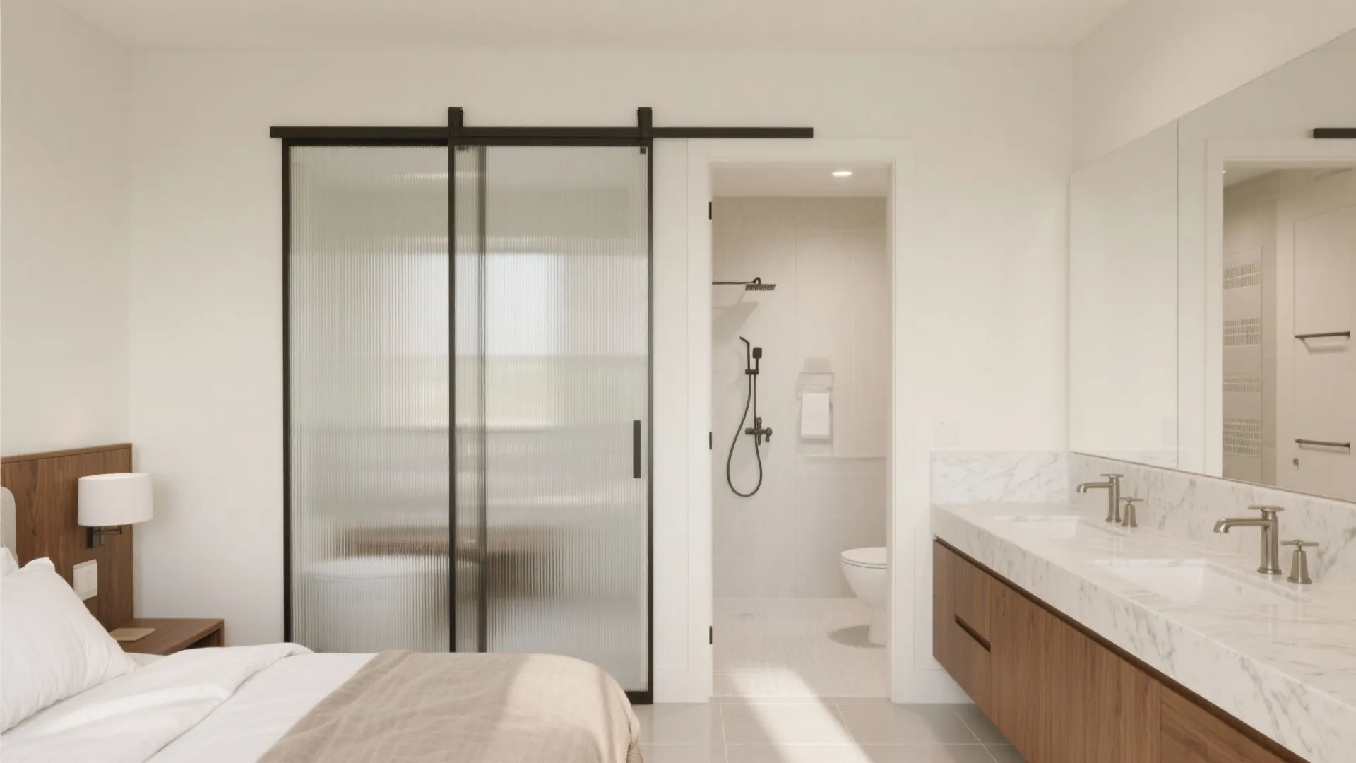 Modern bedroom featuring a glass sliding door leading into a bathroom with a double sink
