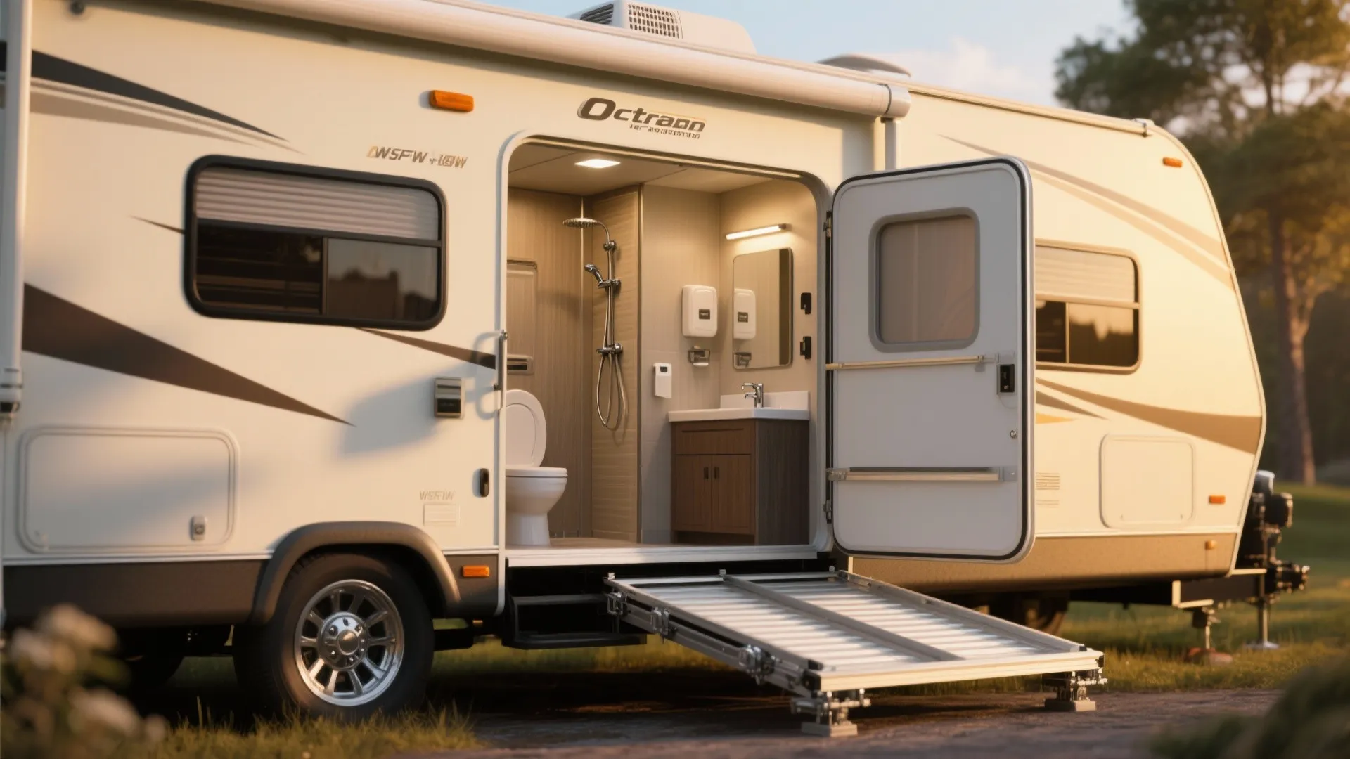RV with a deployed slide-out module revealing a second bathroom with shower and vanity