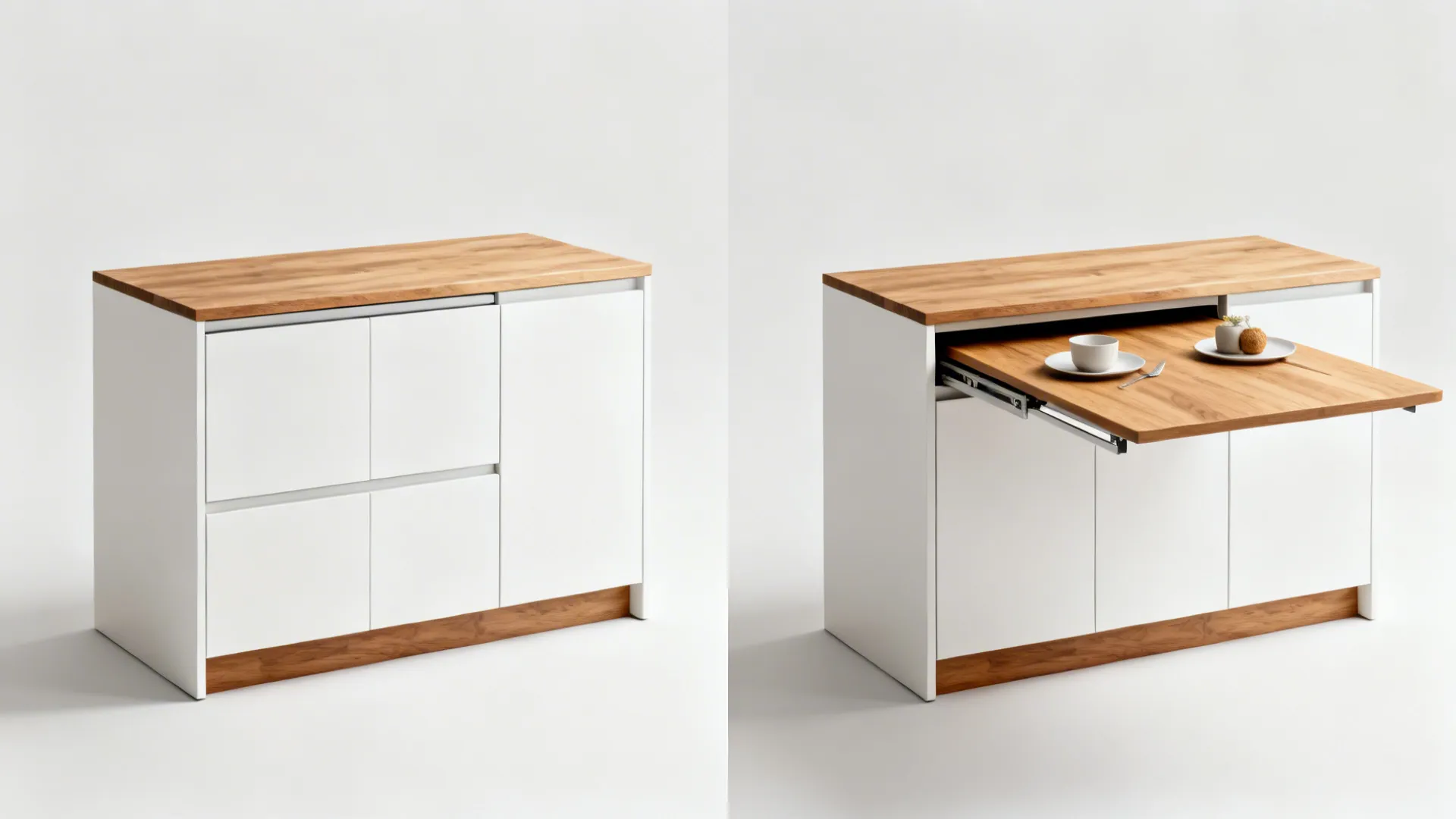 Before and after of a cabinet showing a hidden slide-out table closed and fully extended.