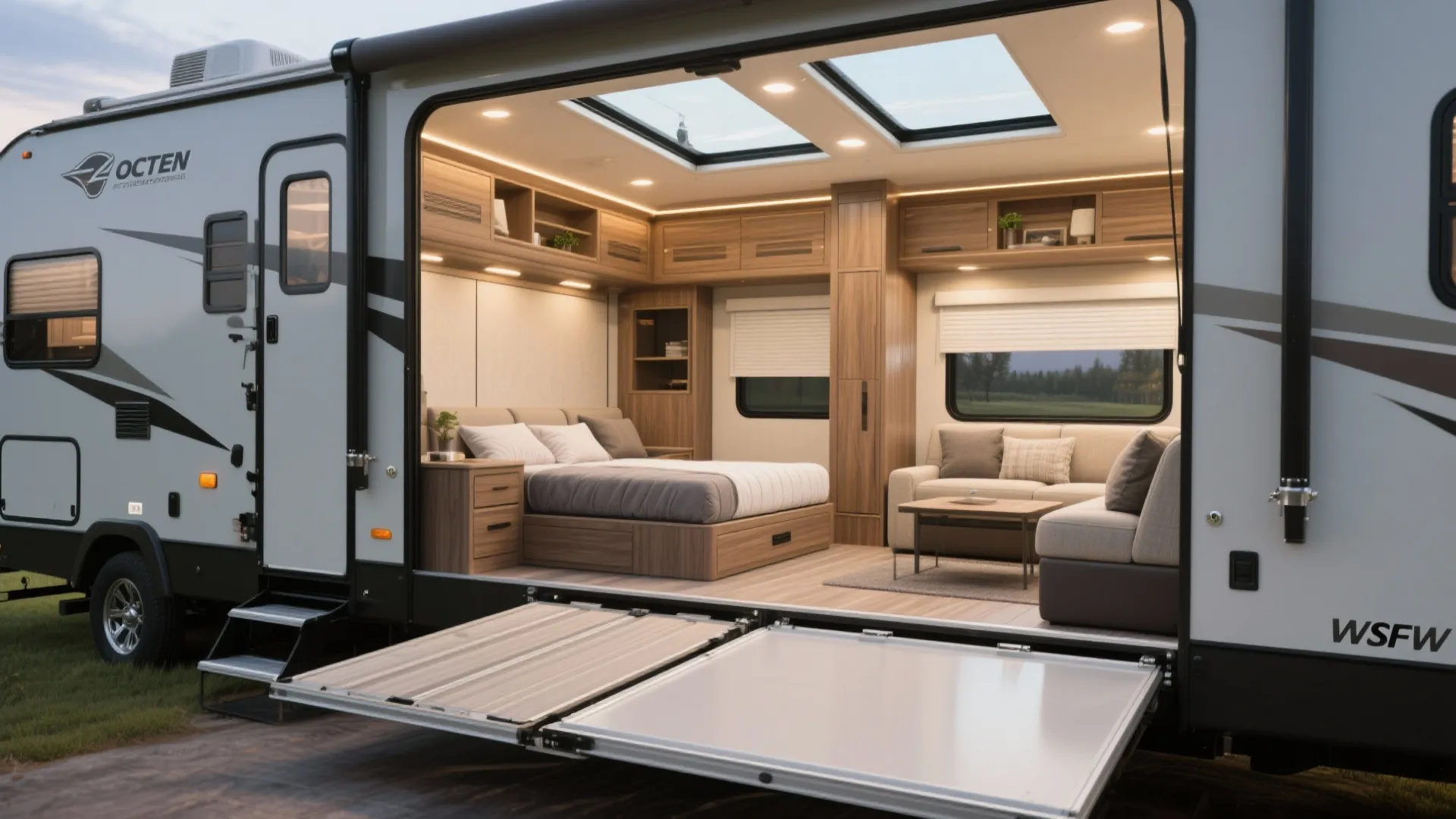 Slide-out living area with convertible Murphy bed in a fifth wheel interior.