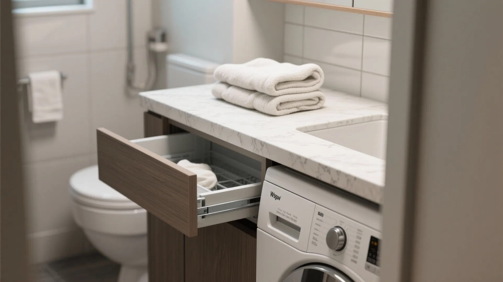 Bathroom interior showing an open wooden drawer beside a washing machine and marble sink counter