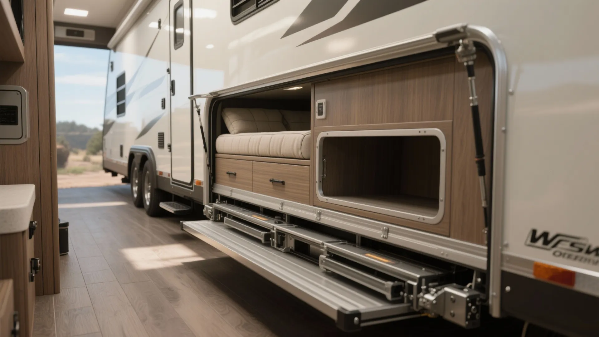 Modern white camper van with a side slide out bed and wooden storage drawers underneath it