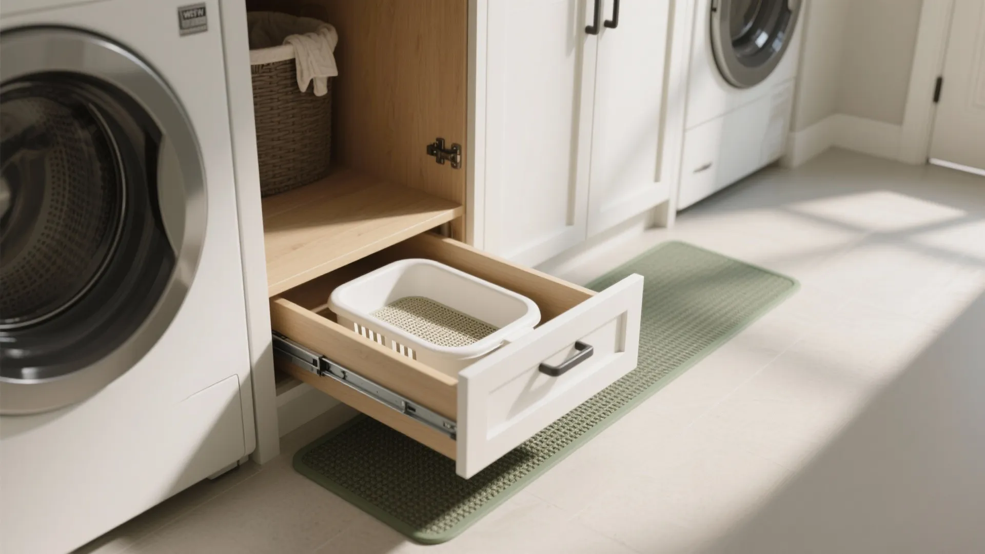 Laundry room white cabinet with open drawer holding a plastic basket next to washing machine