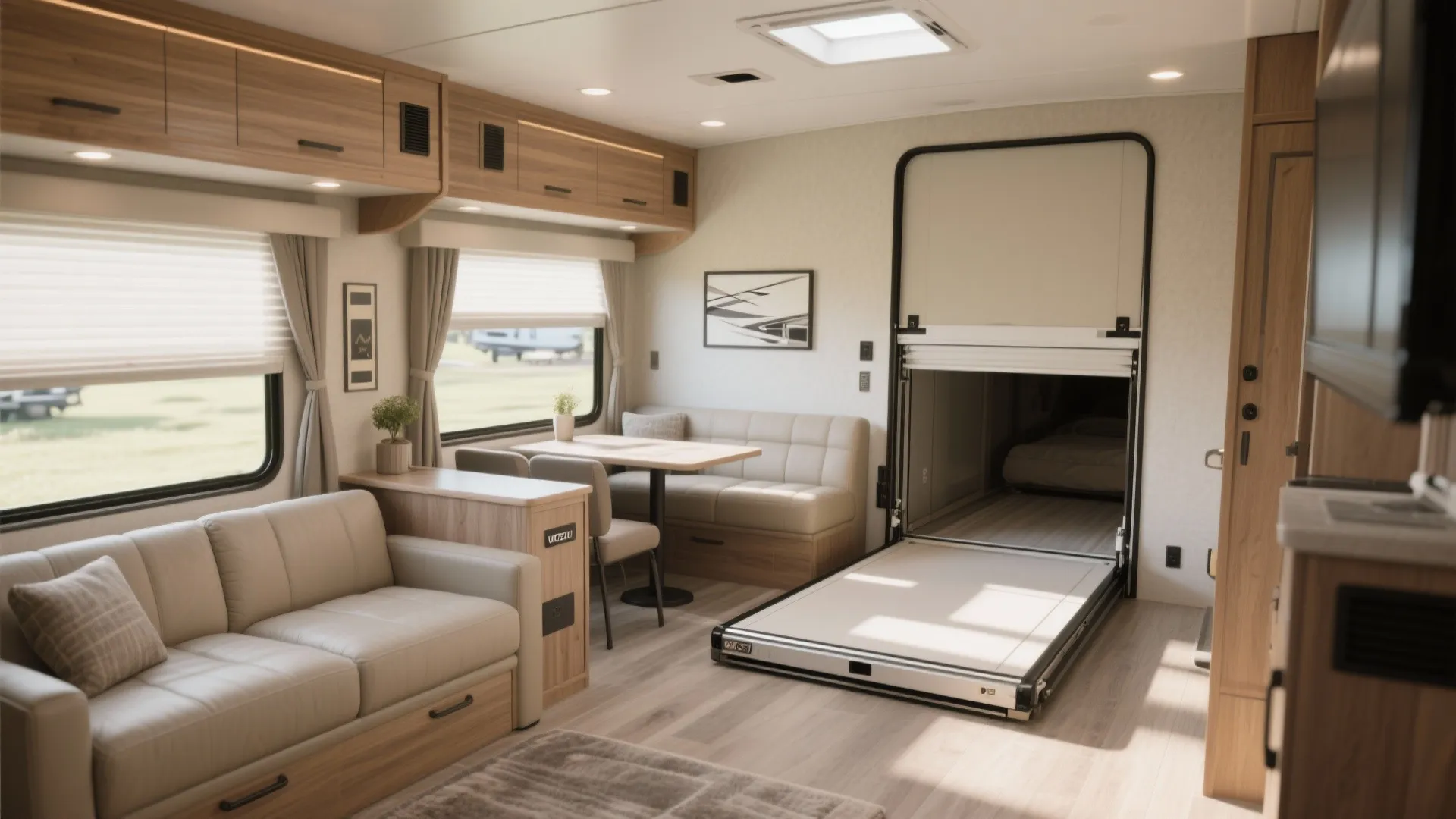 Expanded living area in a 5th wheel with a wide slide-out housing a sofa and dinette.