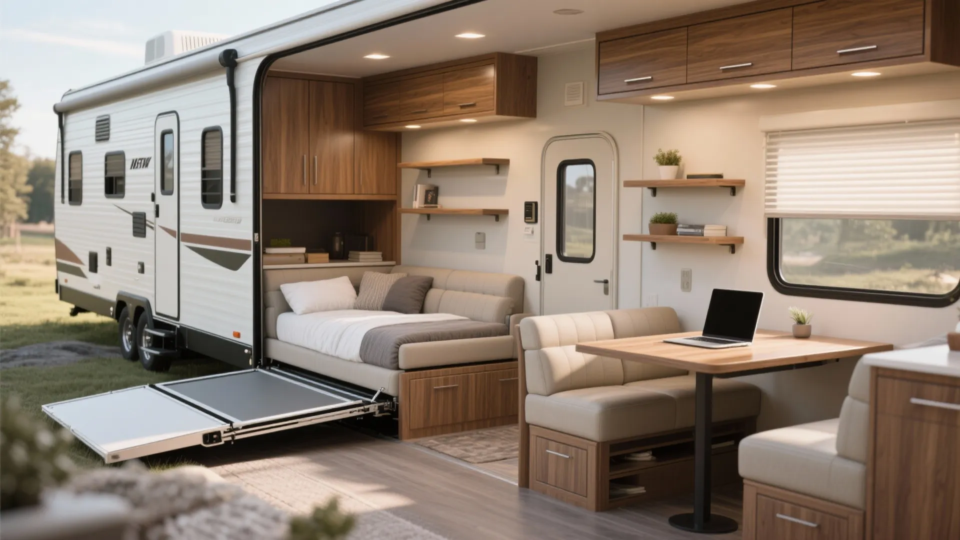 Slide-out living zone with convertible sofa, folding table and wall storage in a fifth wheel RV.