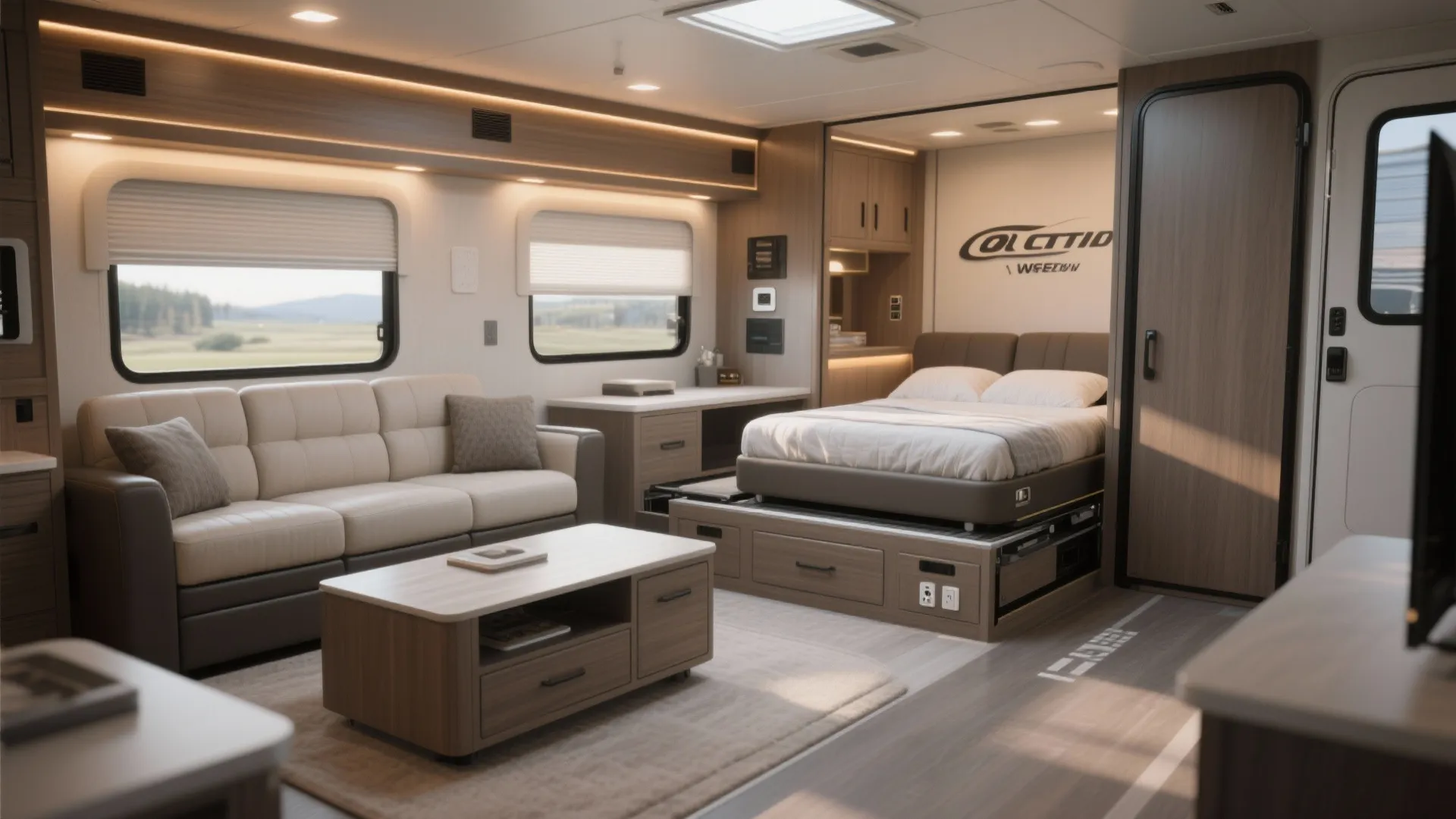 1. Slide-out living with multifunction furniture