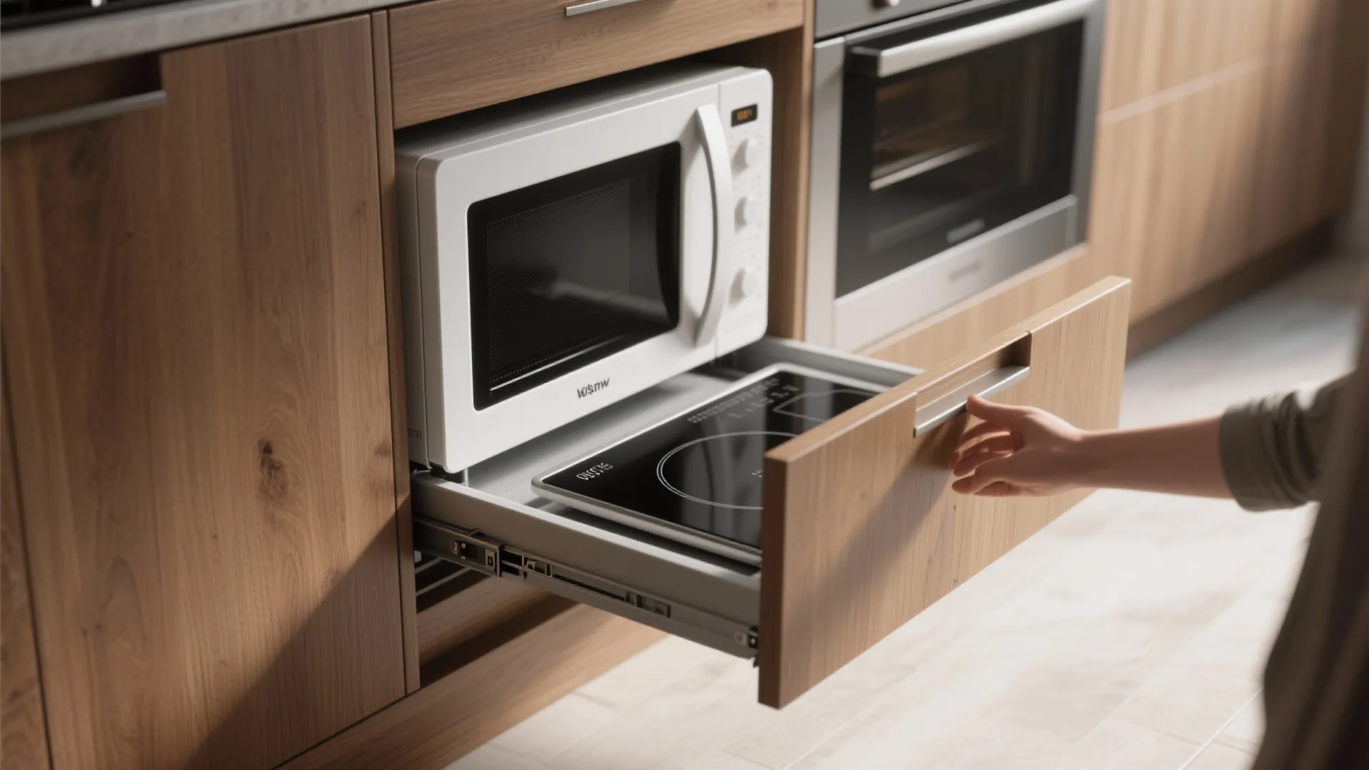 Slide-out microwave drawer pulled open in a lower cabinet showing ergonomic access and ventilation at the rear.