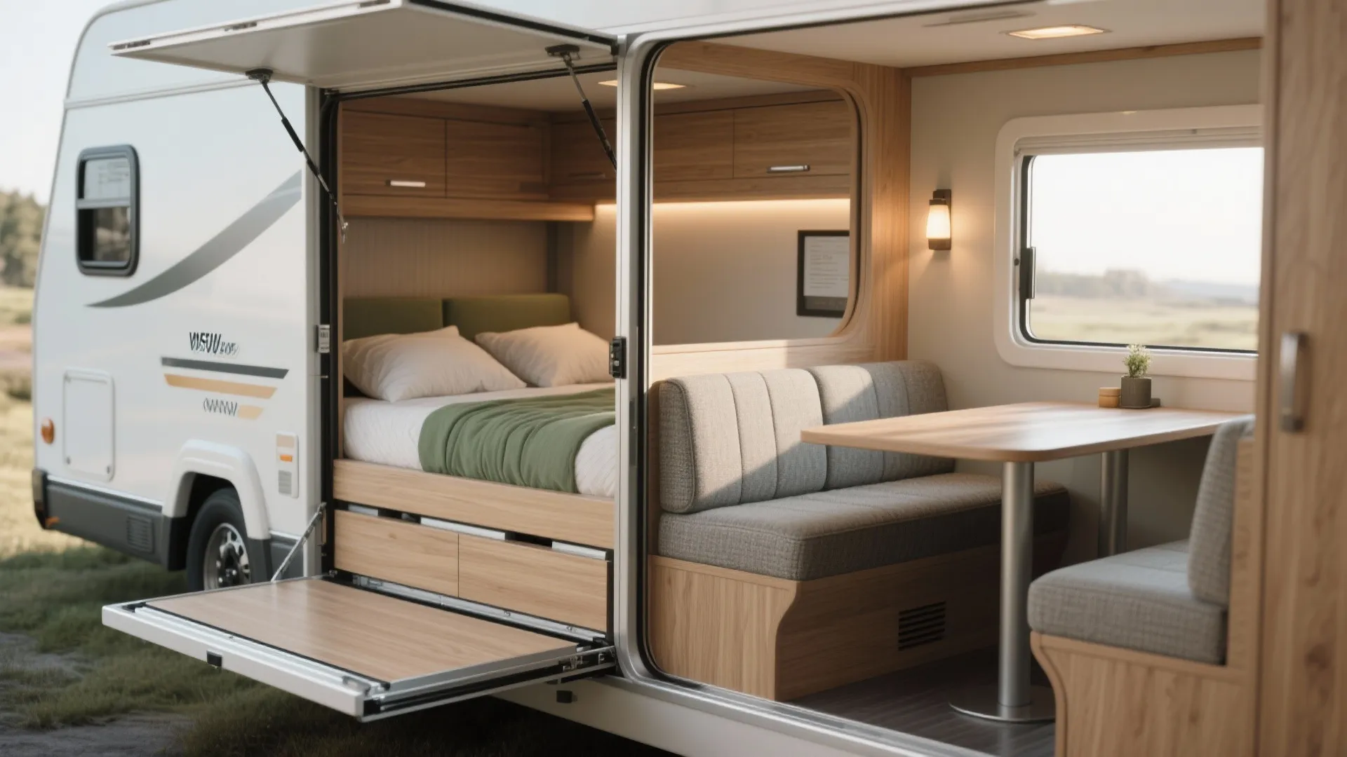 Interior view of an RV with a slide-out extended showing a twin sleeping nook and convertible dining booth, detailed materials and slide mechanism.