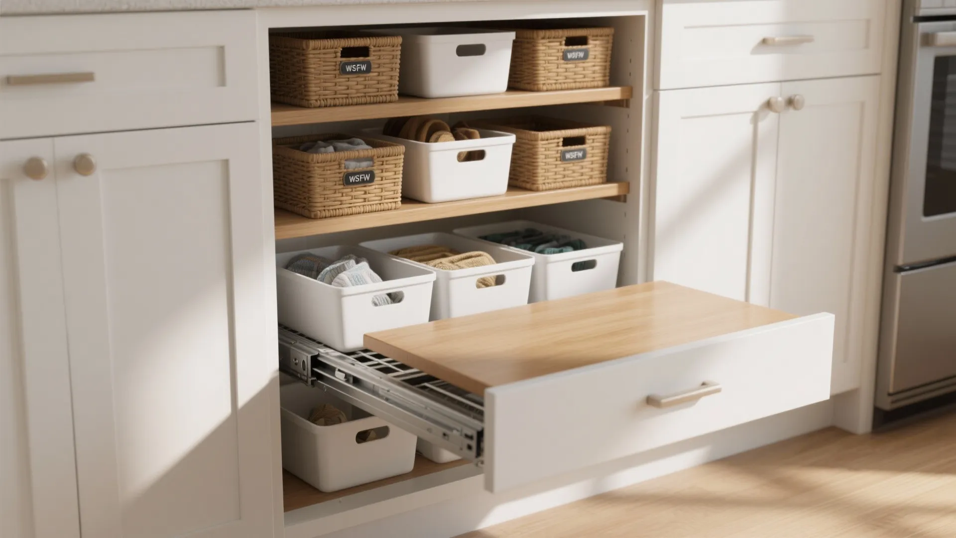 2. Slide-out pantry with integrated laundry shelf