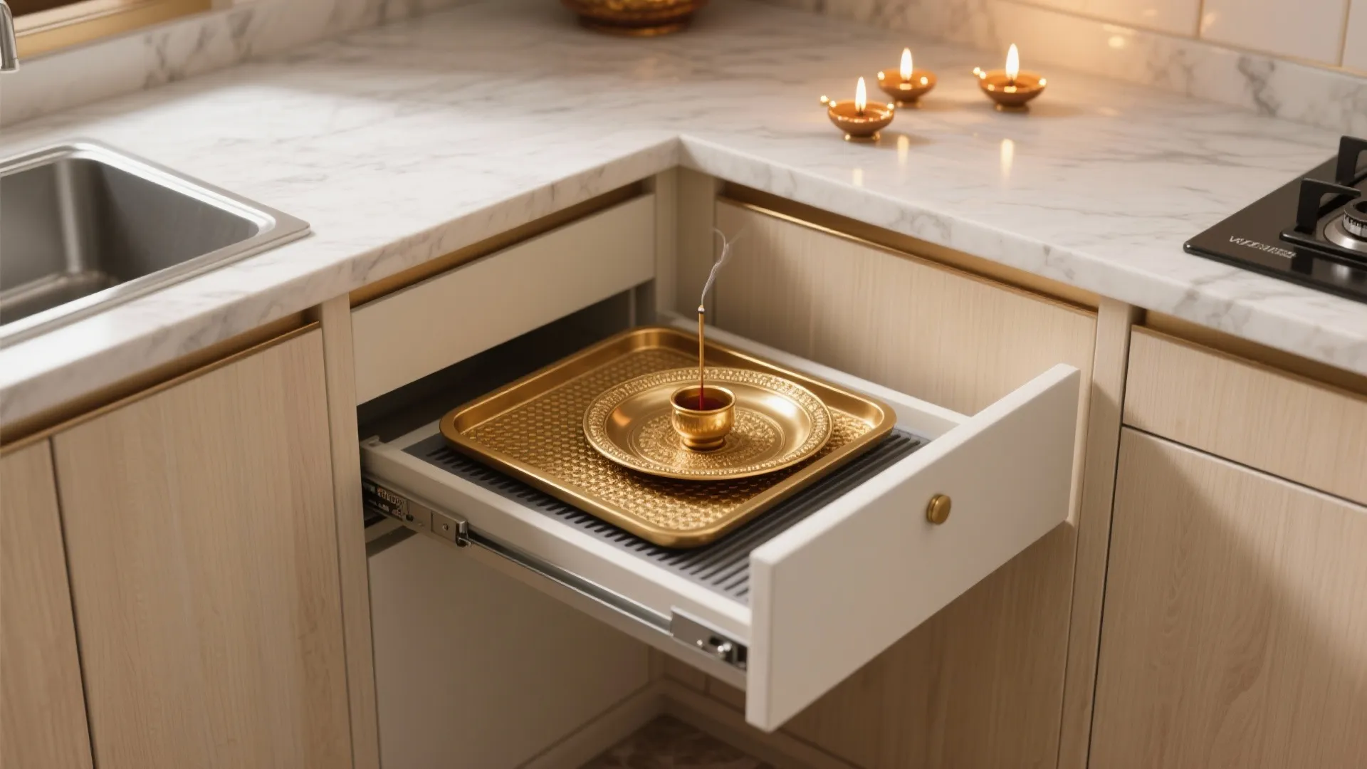 Kitchen cabinet drawer pulled open showing a golden tray with burning incense on marble countertop
