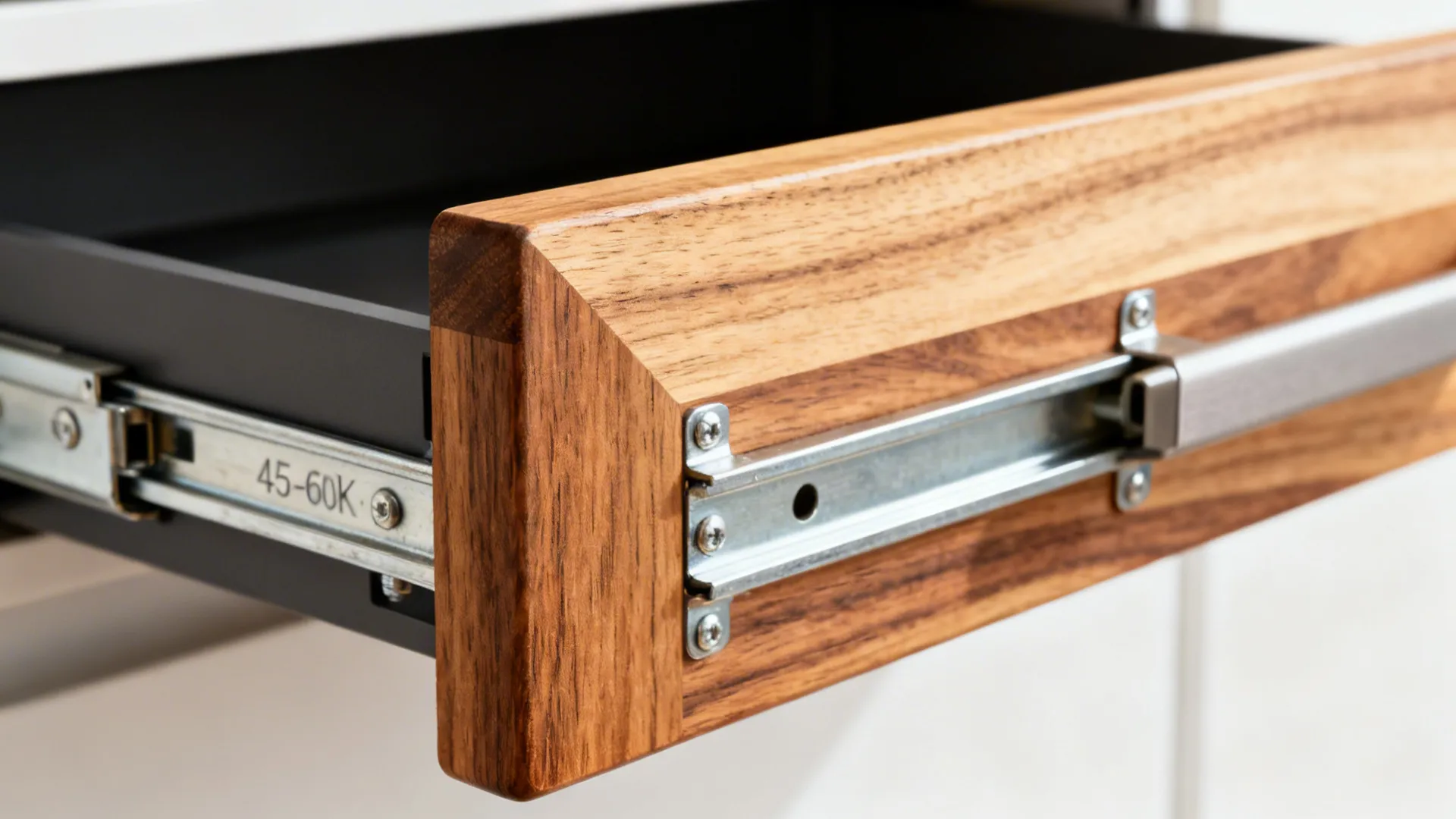 Close-up of reinforced slide-out cutting board with heavy-duty runners and butcher-block grain.