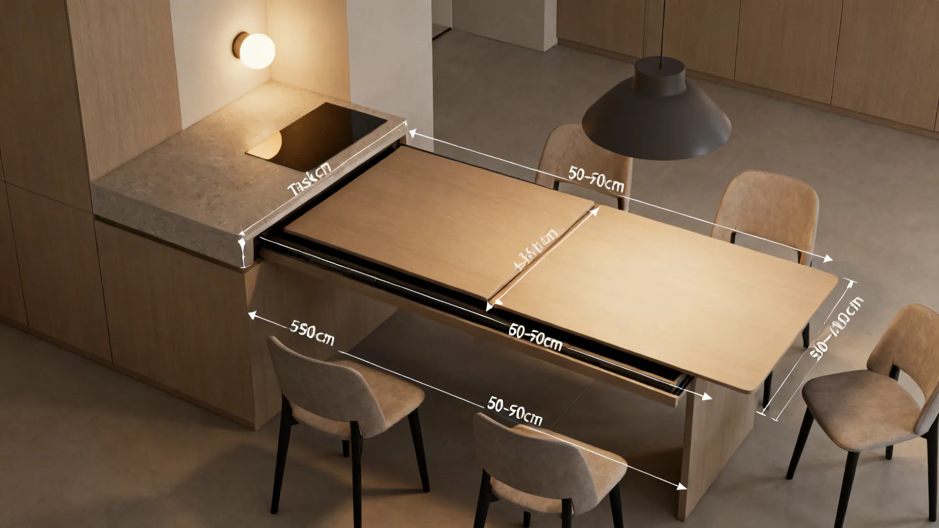 Top-down view of peninsula workstation with slide-out dining and clear seat clearances.