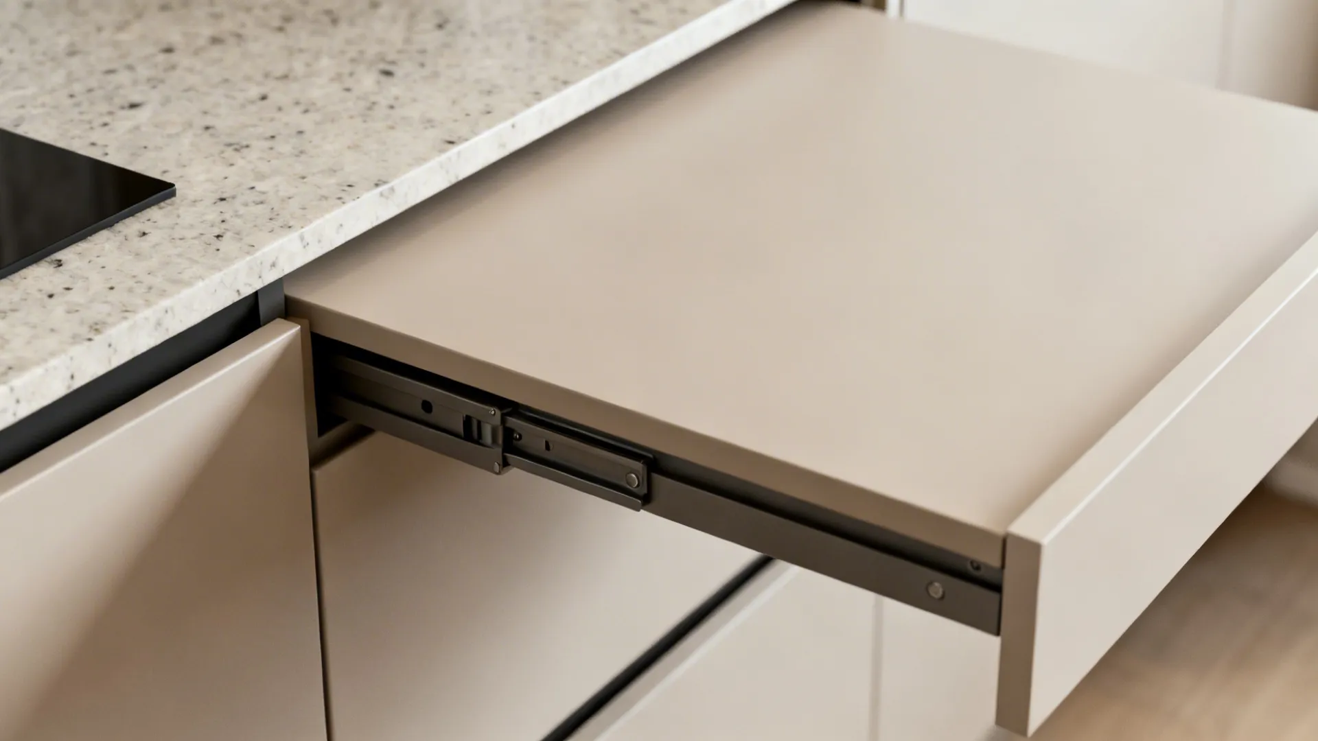 Close-up of a slide-out worktop extension aligned with a quartz counter.