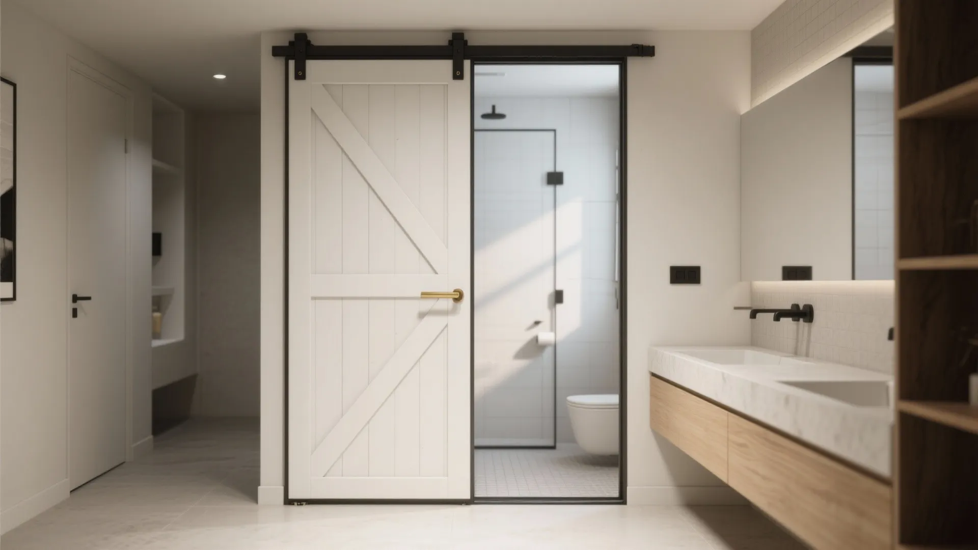 Modern bathroom with white sliding barn door next to a wooden cabinet and marble sink