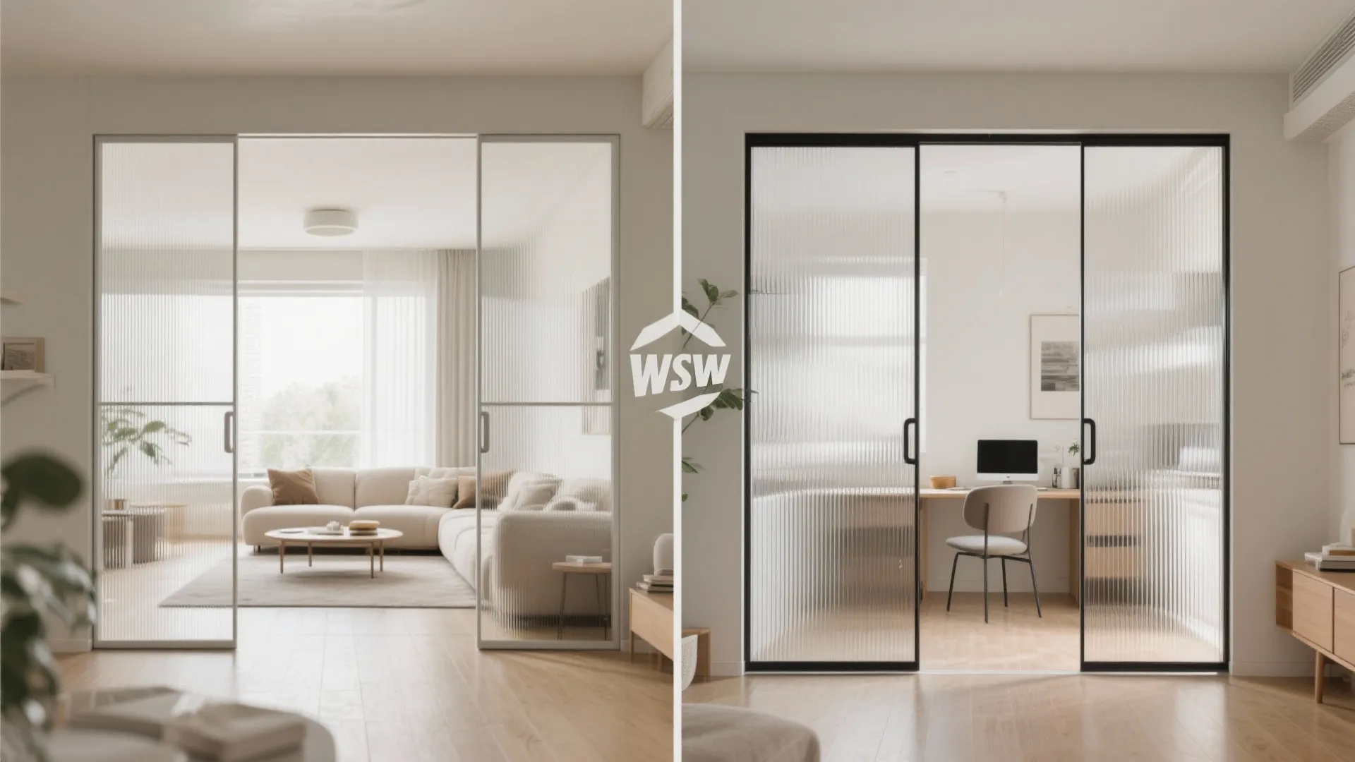 Before and after comparison of home interior showing a living room and a home office