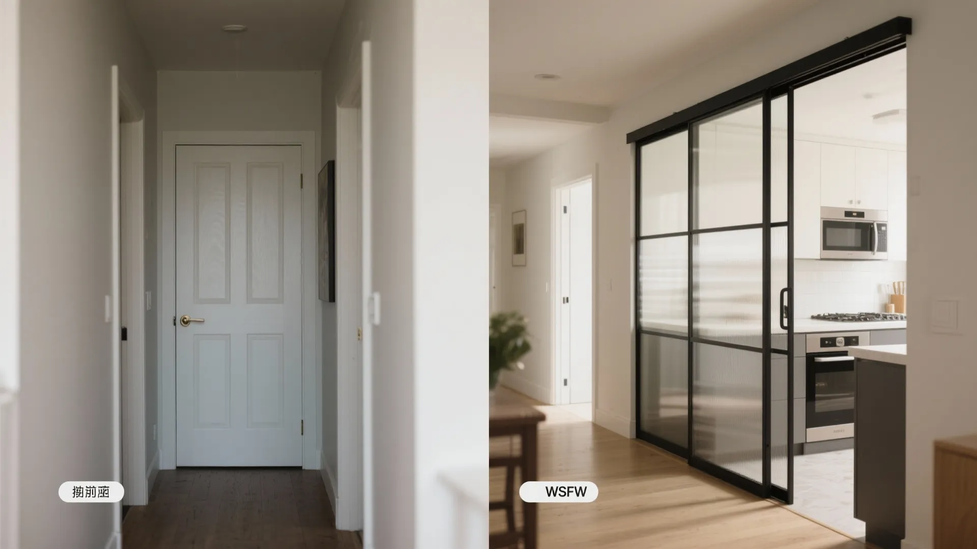 3) Sliding glass pocket or bypass panels for tight hallways