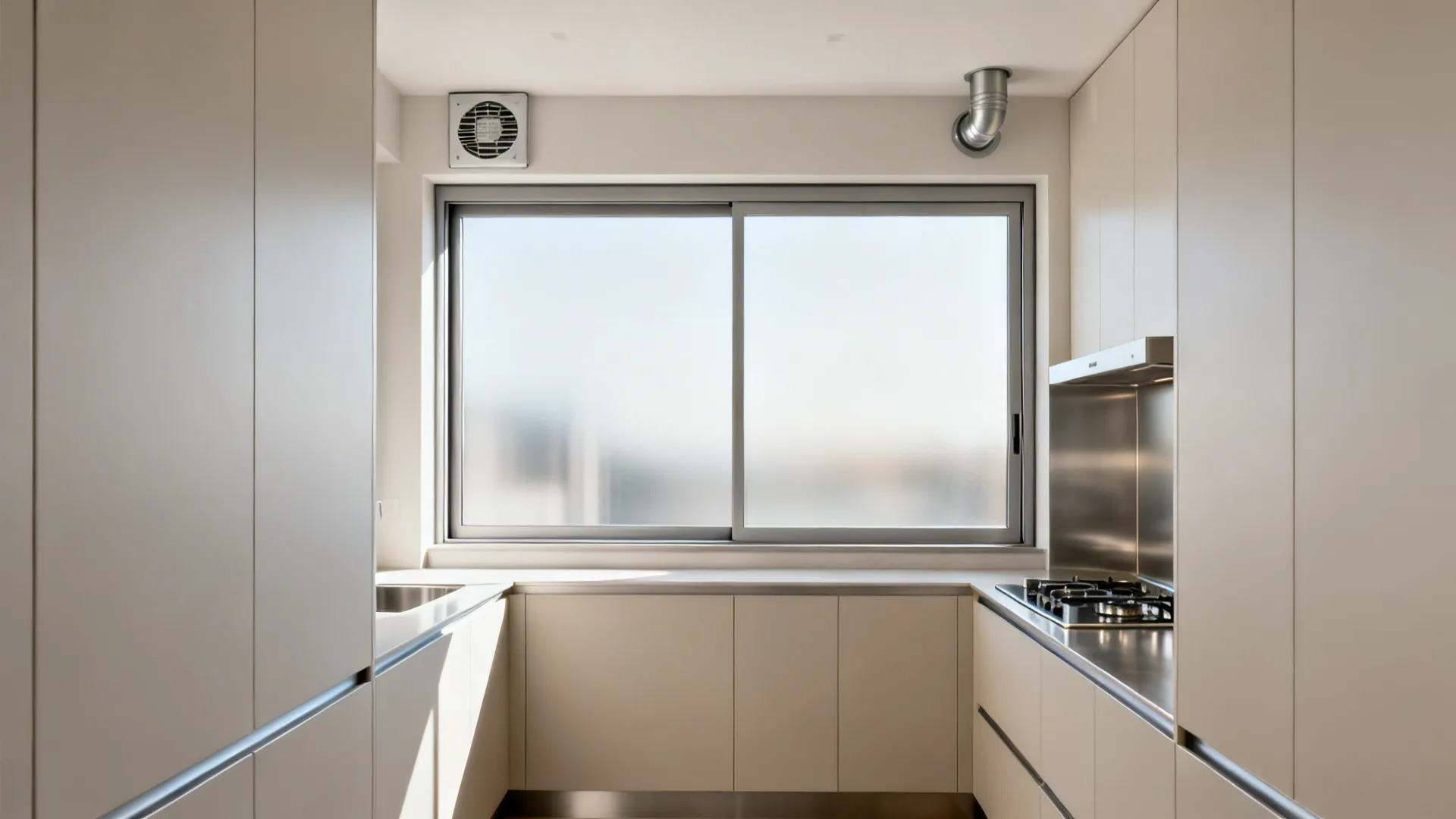 Narrow galley with a horizontal sliding window and a compact exhaust fan mounted in the upper corner.