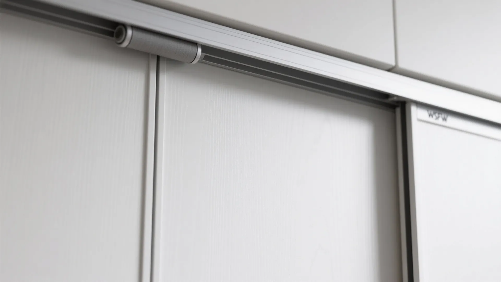 Close up view of a sliding door track system installed on a white wooden cabinet