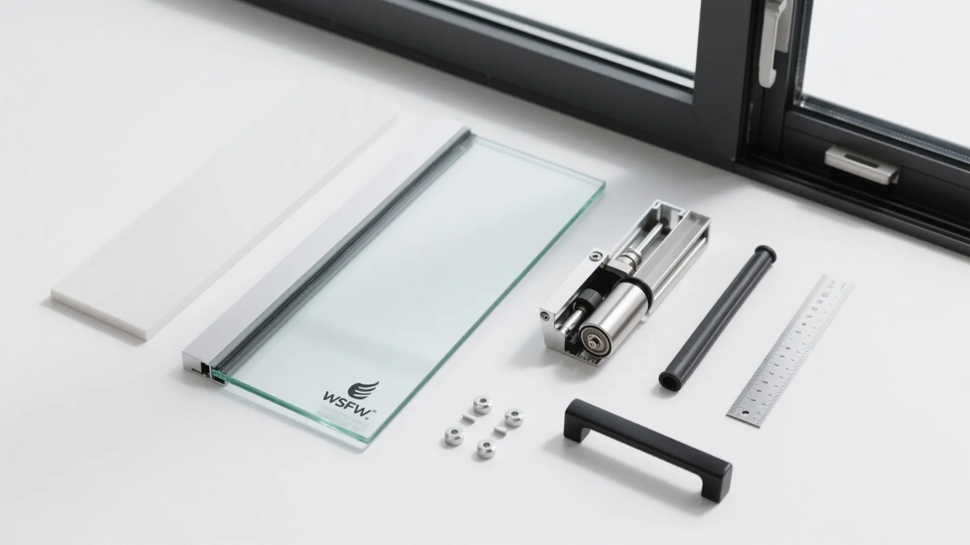 Sliding window hardware parts including glass panel, metal rollers, small screws, handle, and metal ruler