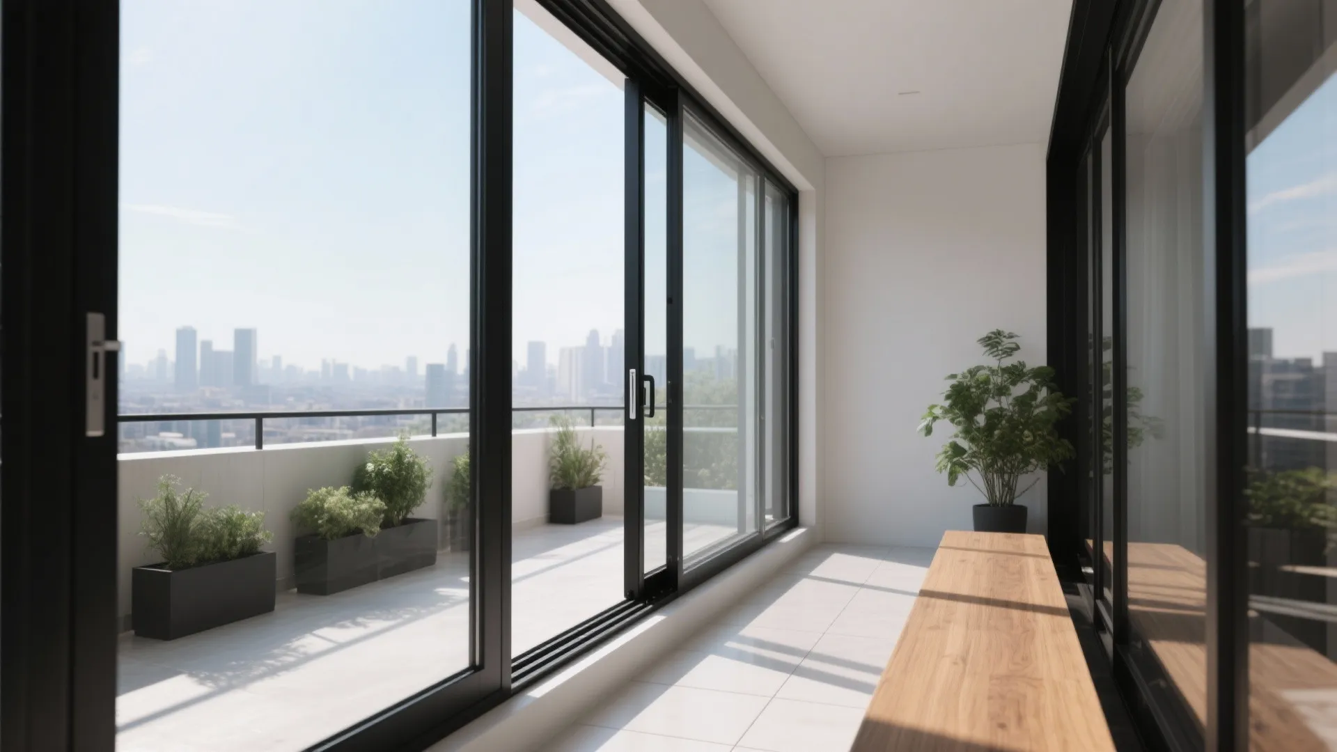 Modern apartment balcony with sliding glass doors wooden bench green potted plants and city view